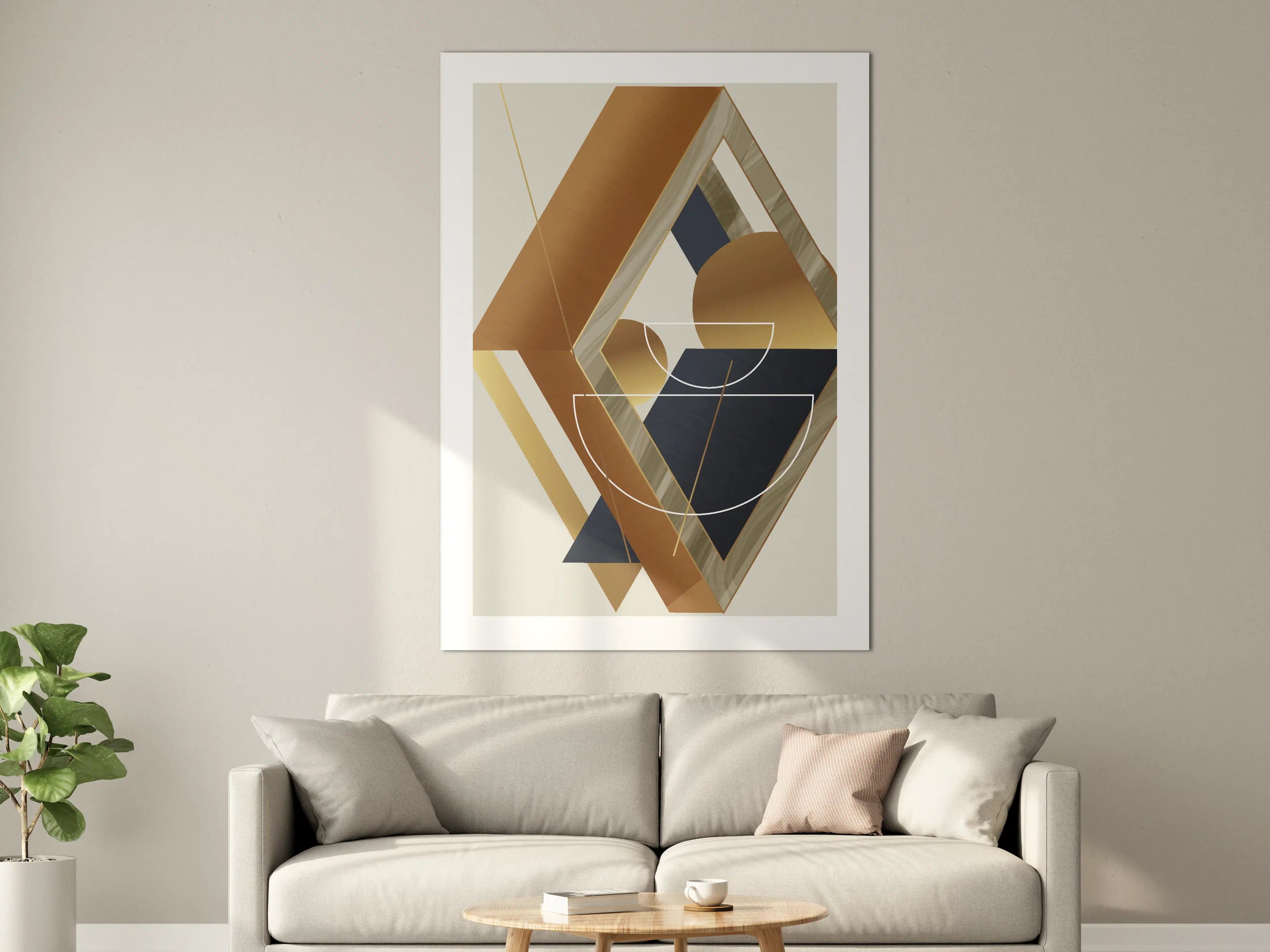 Große Wandbilder - Abstrakte geometrische Kunst mit warmen Goldtönen und dunklen Akzenten