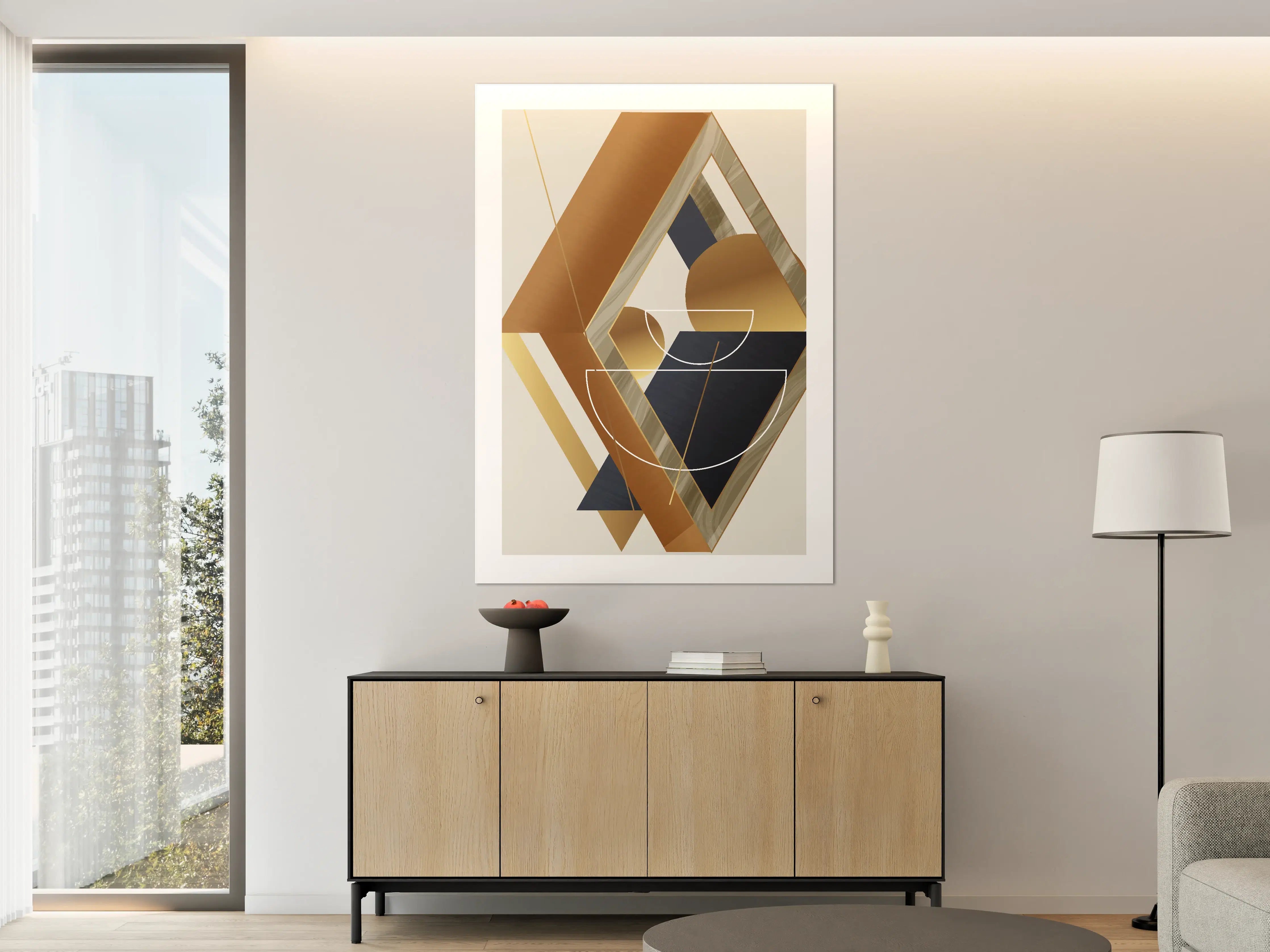 Große Wandbilder - Abstrakte geometrische Kunst mit warmen Goldtönen und dunklen Akzenten