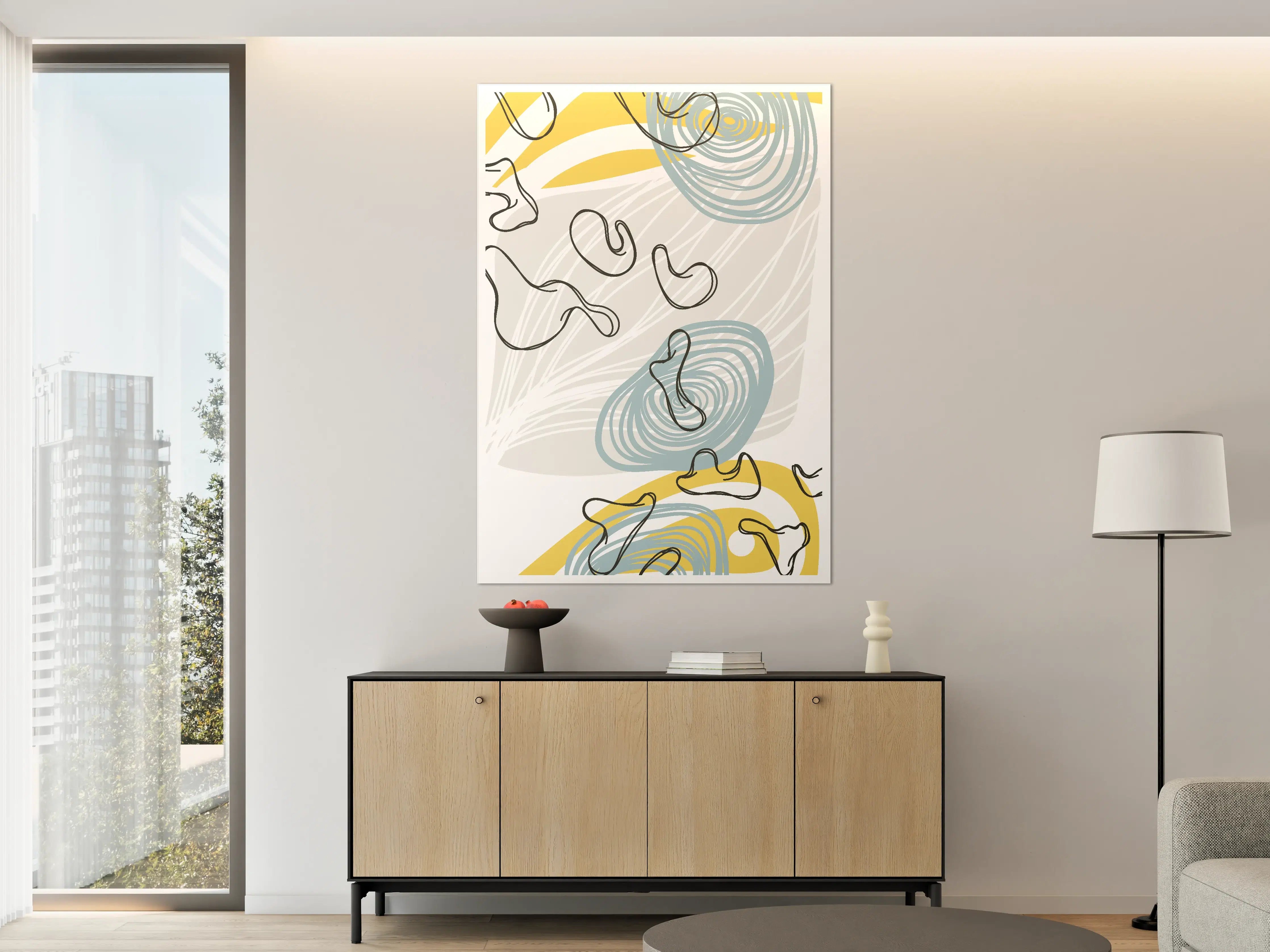 Große Wandbilder - Abstrakte moderne Kunst mit blauen und gelben Akzenten