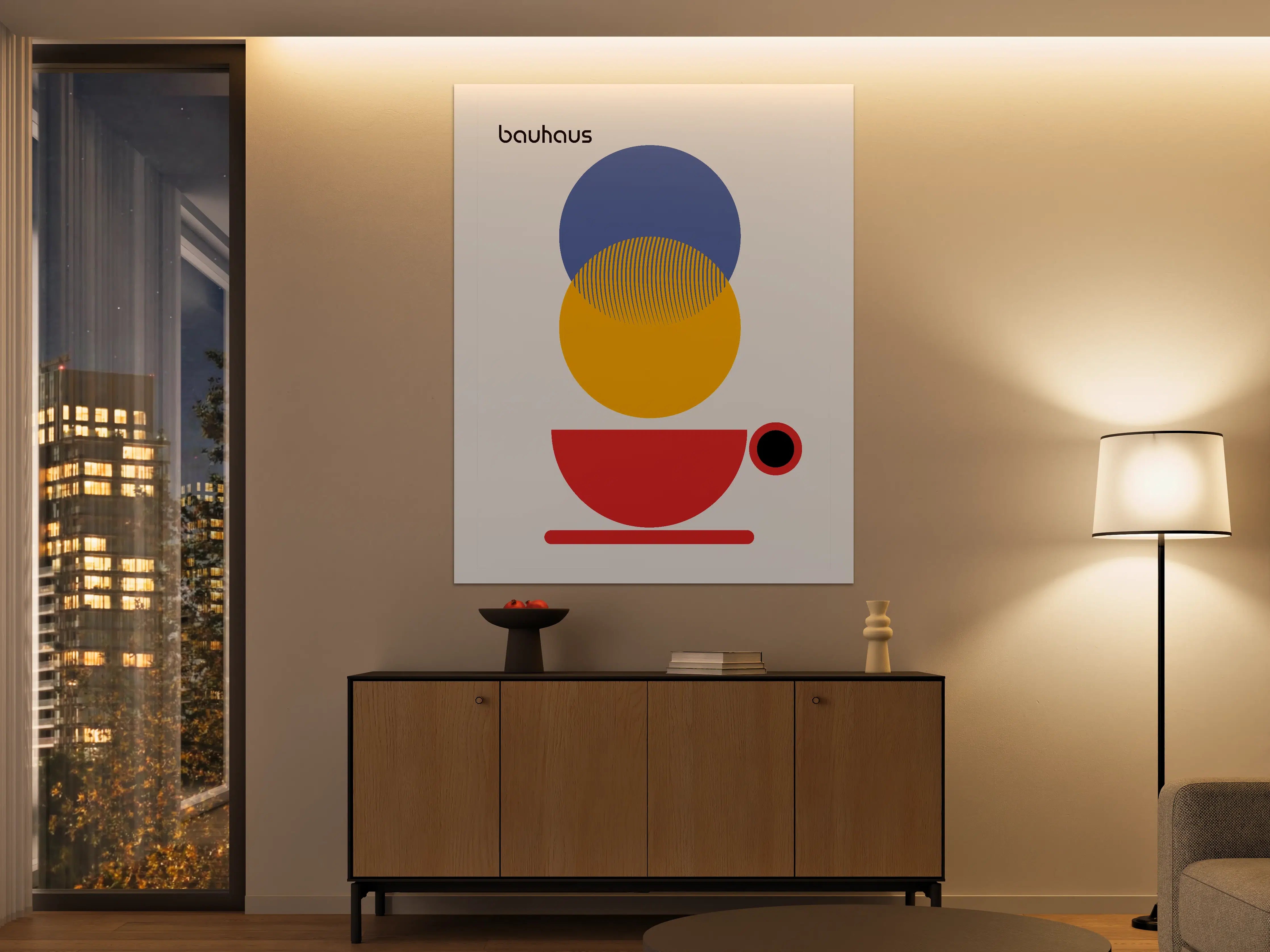 Große Wandbilder - Abstraktes Geometrie-Design in Karmesinrot, Blau und Gelb