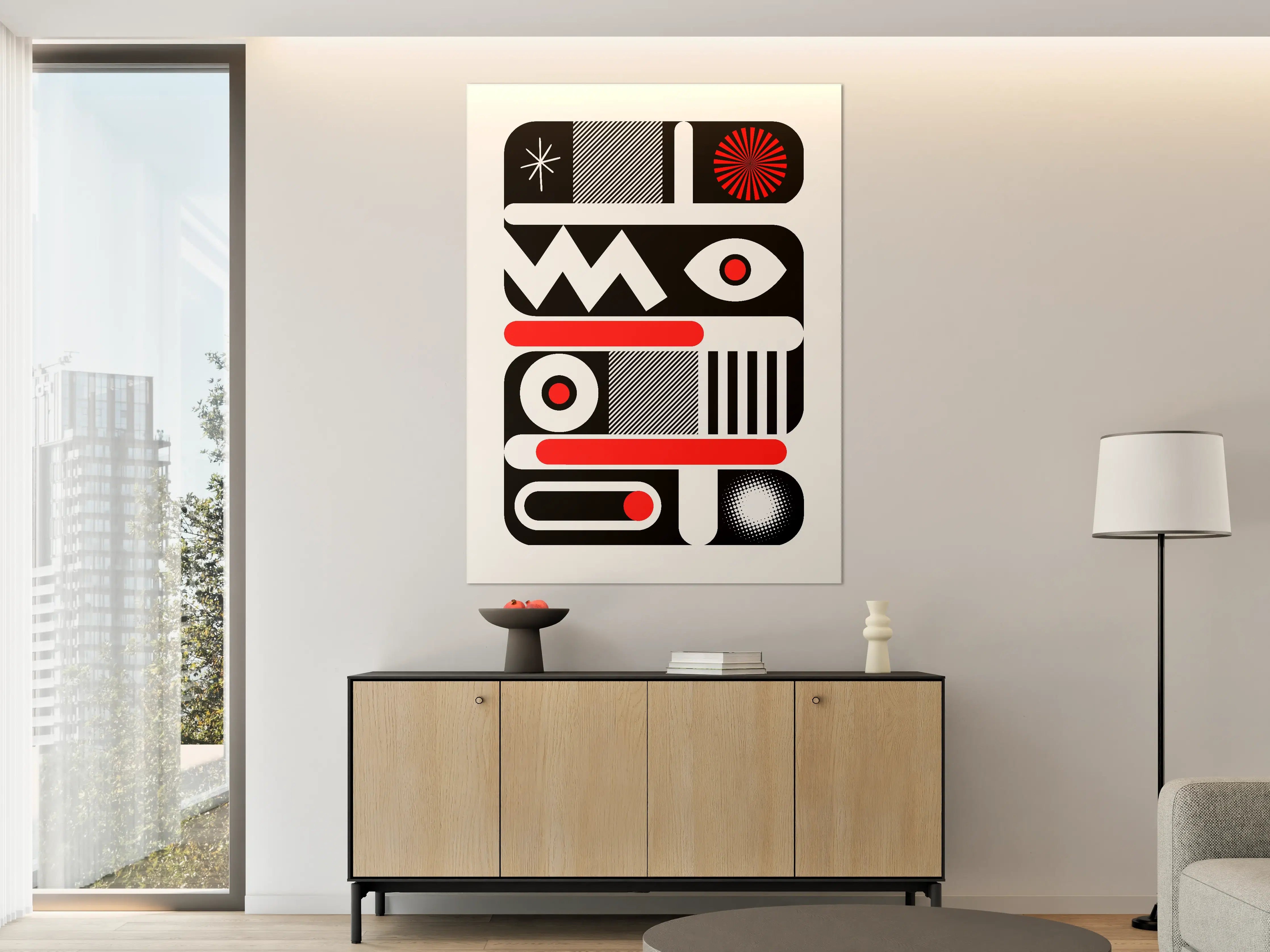Große Wandbilder - Abstraktes Geometrie-Design in Schwarz, Weiß und Rot