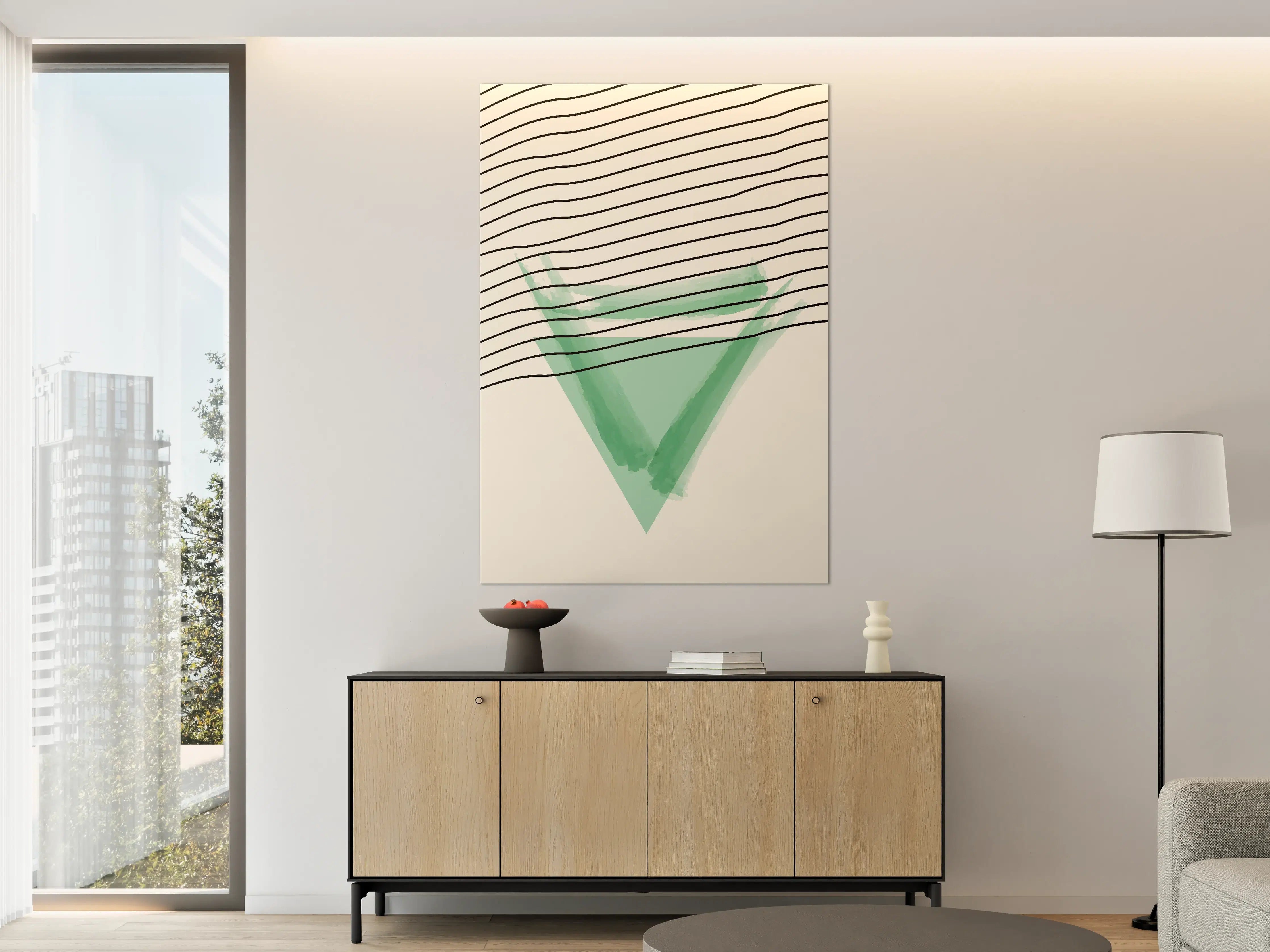 Große Wandbilder - Abstraktes Grün-Graues Kunstwerk mit Linienmuster