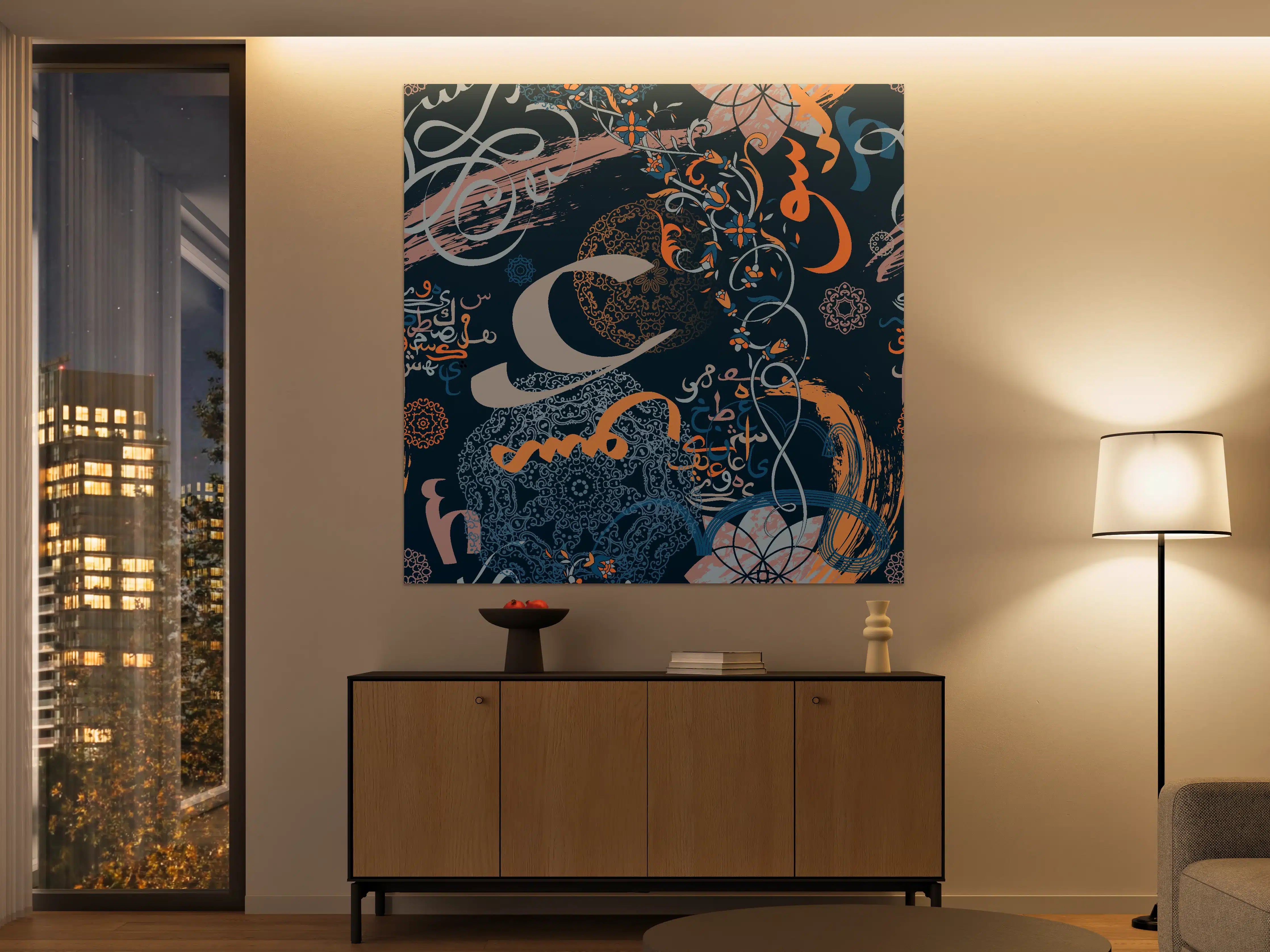 Große Wandbilder - Abstraktes Kunstwerk in dunklen Blautönen mit Orange-Details