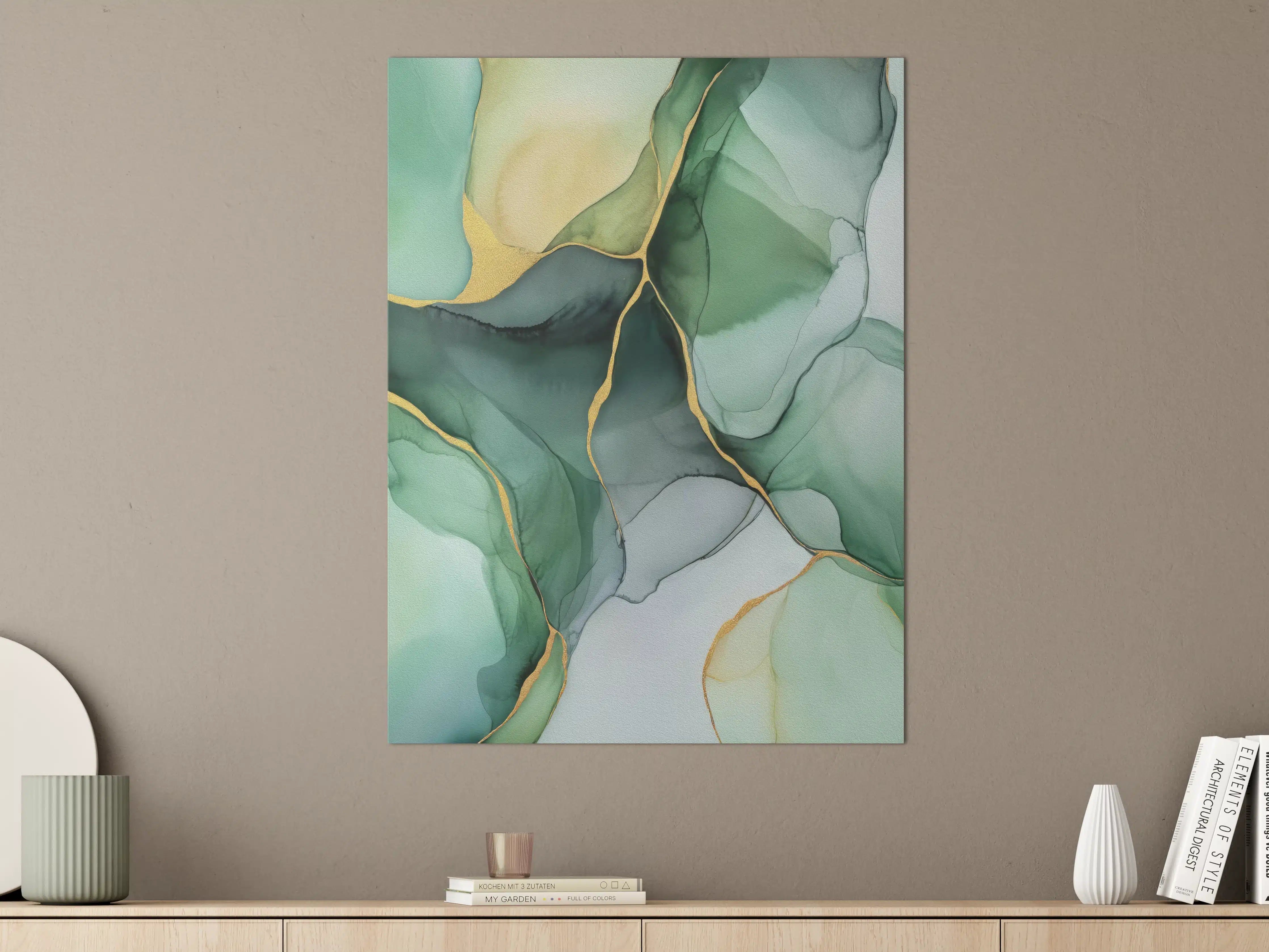 Große Wandbilder - Abstraktes Wasserfarben-Motiv mit Grün- und Grautönen