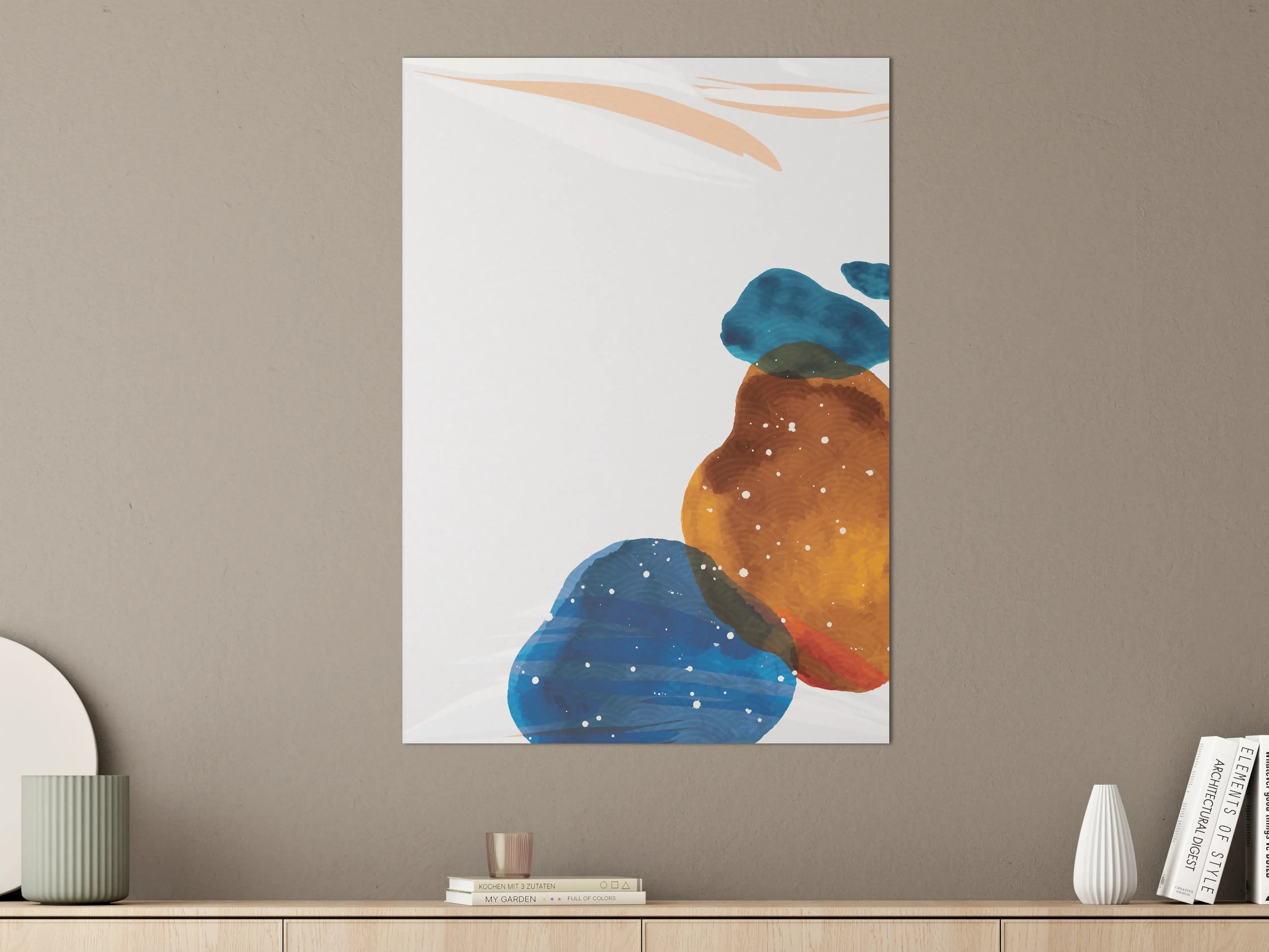 Große Wandbilder - Abstraktes Wasserfarben-Muster in Blau, Orange und Weiß