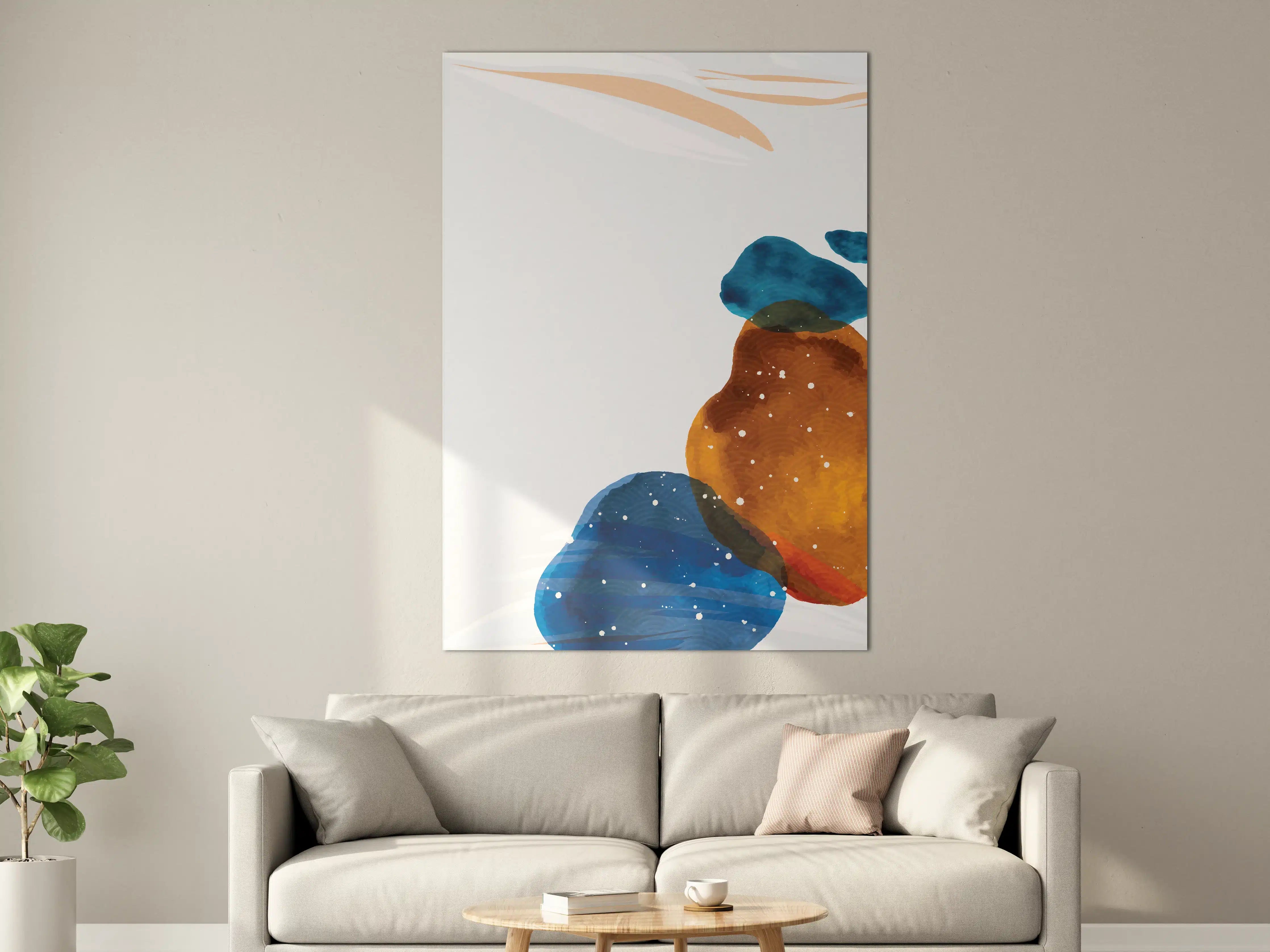 Große Wandbilder - Abstraktes Wasserfarben-Muster in Blau, Orange und Weiß