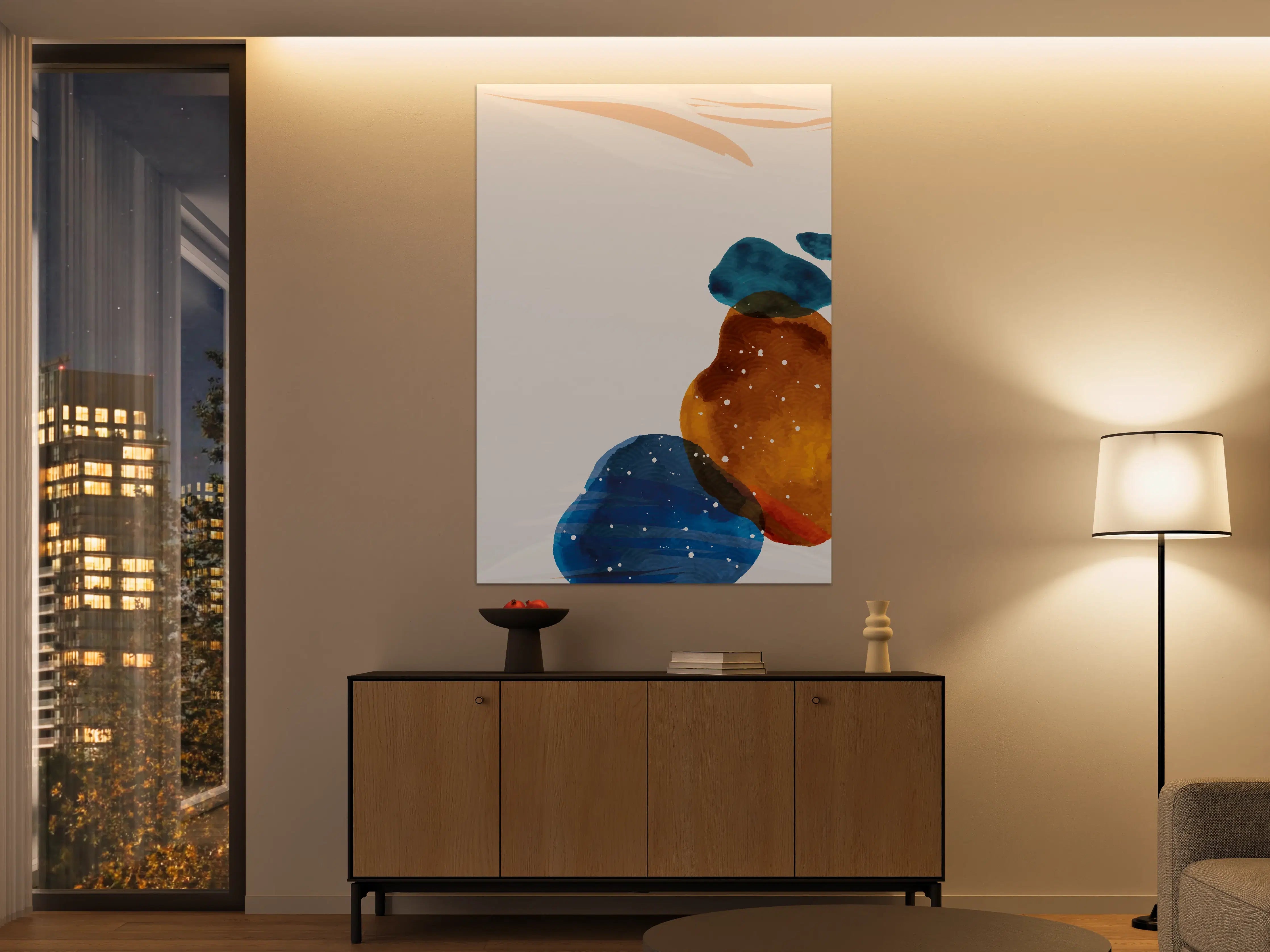Große Wandbilder - Abstraktes Wasserfarben-Muster in Blau, Orange und Weiß