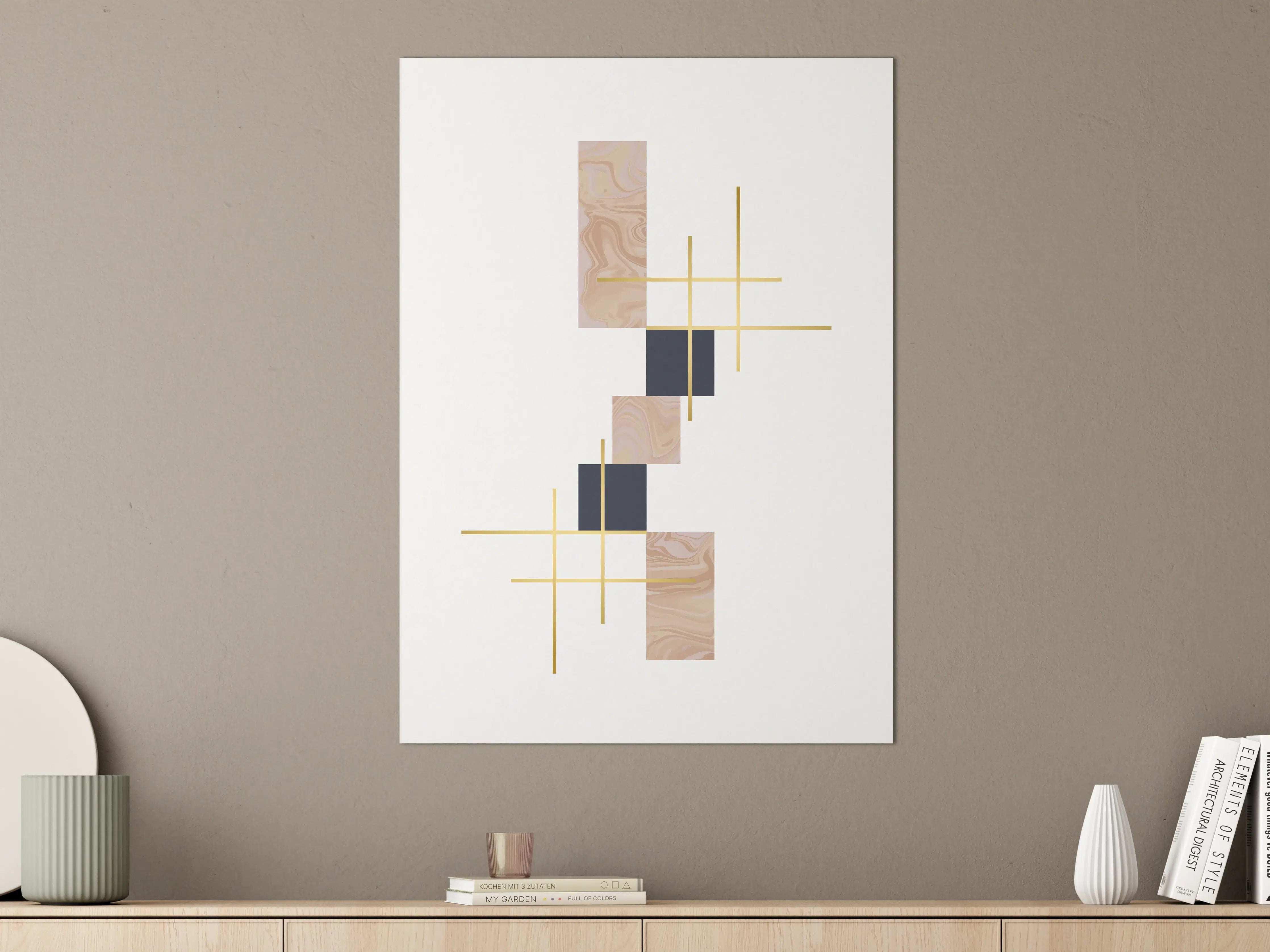 Große Wandbilder - Abstraktes geometrisches Wandbild in Natur- und Dunkel-Tönen mit Goldakzenten