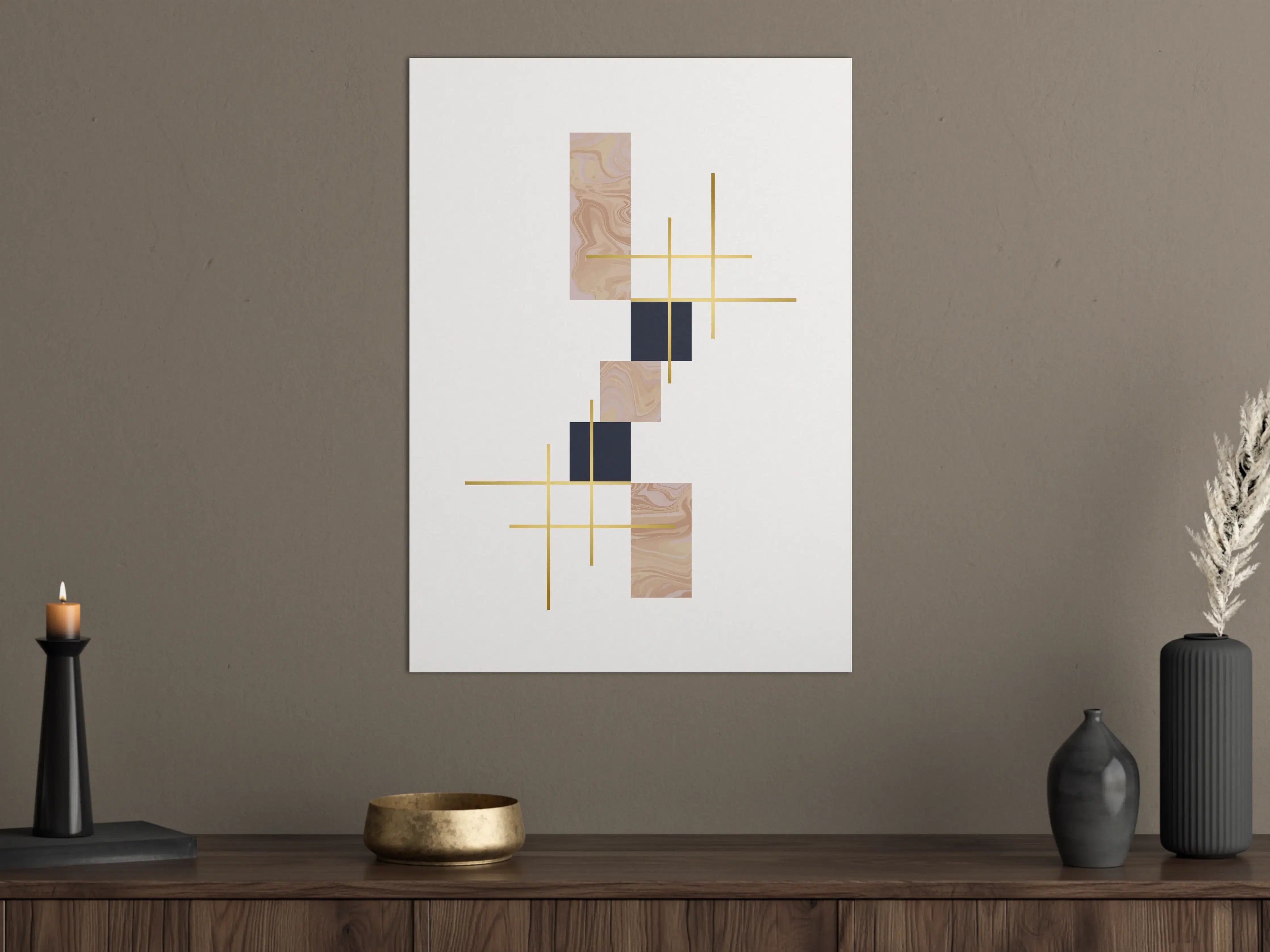 Große Wandbilder - Abstraktes geometrisches Wandbild in Natur- und Dunkel-Tönen mit Goldakzenten