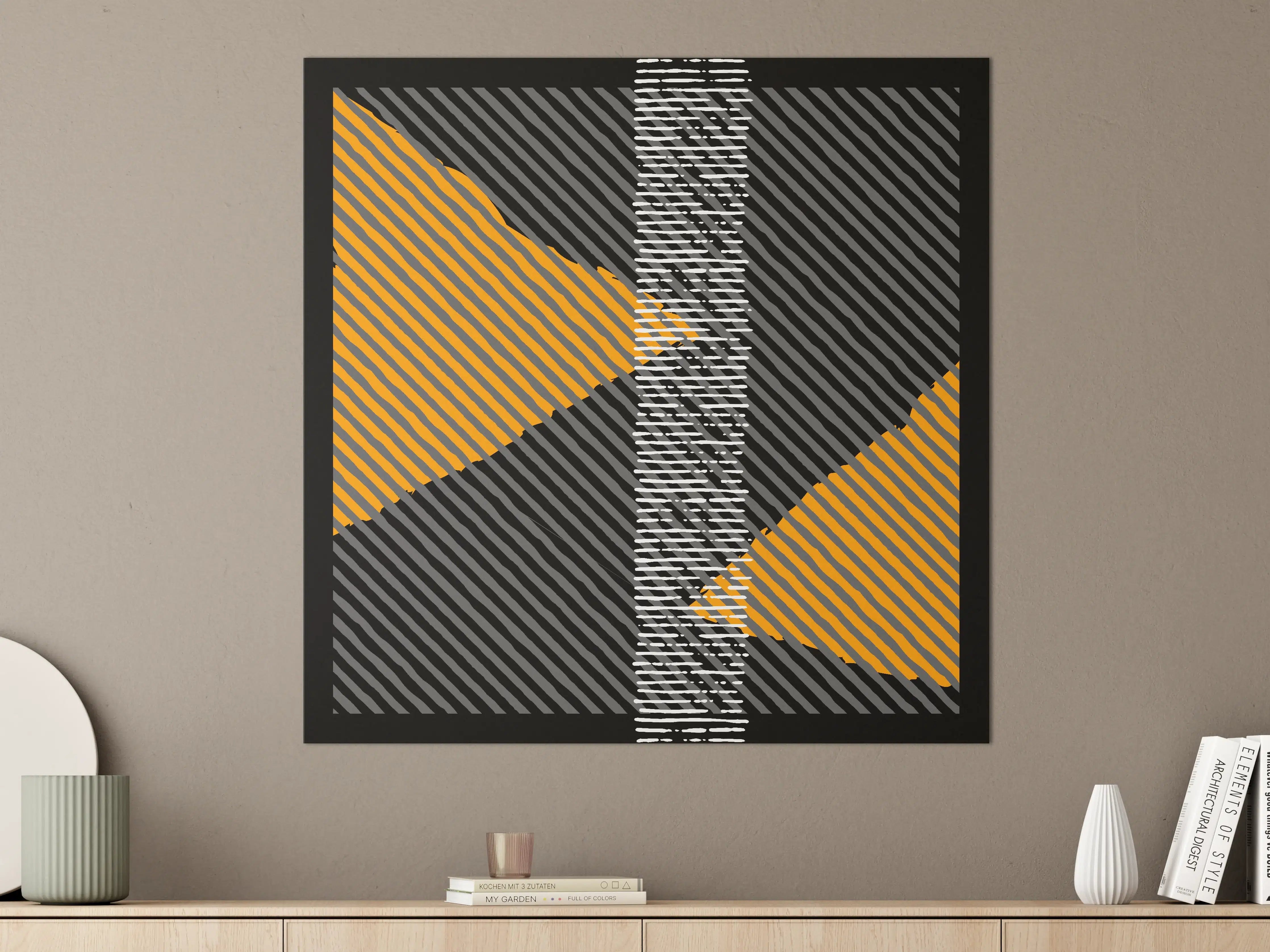 Große Wandbilder - Abstraktes geometrisches Wandbild in Schwarz, Grau, Weiß und Orange