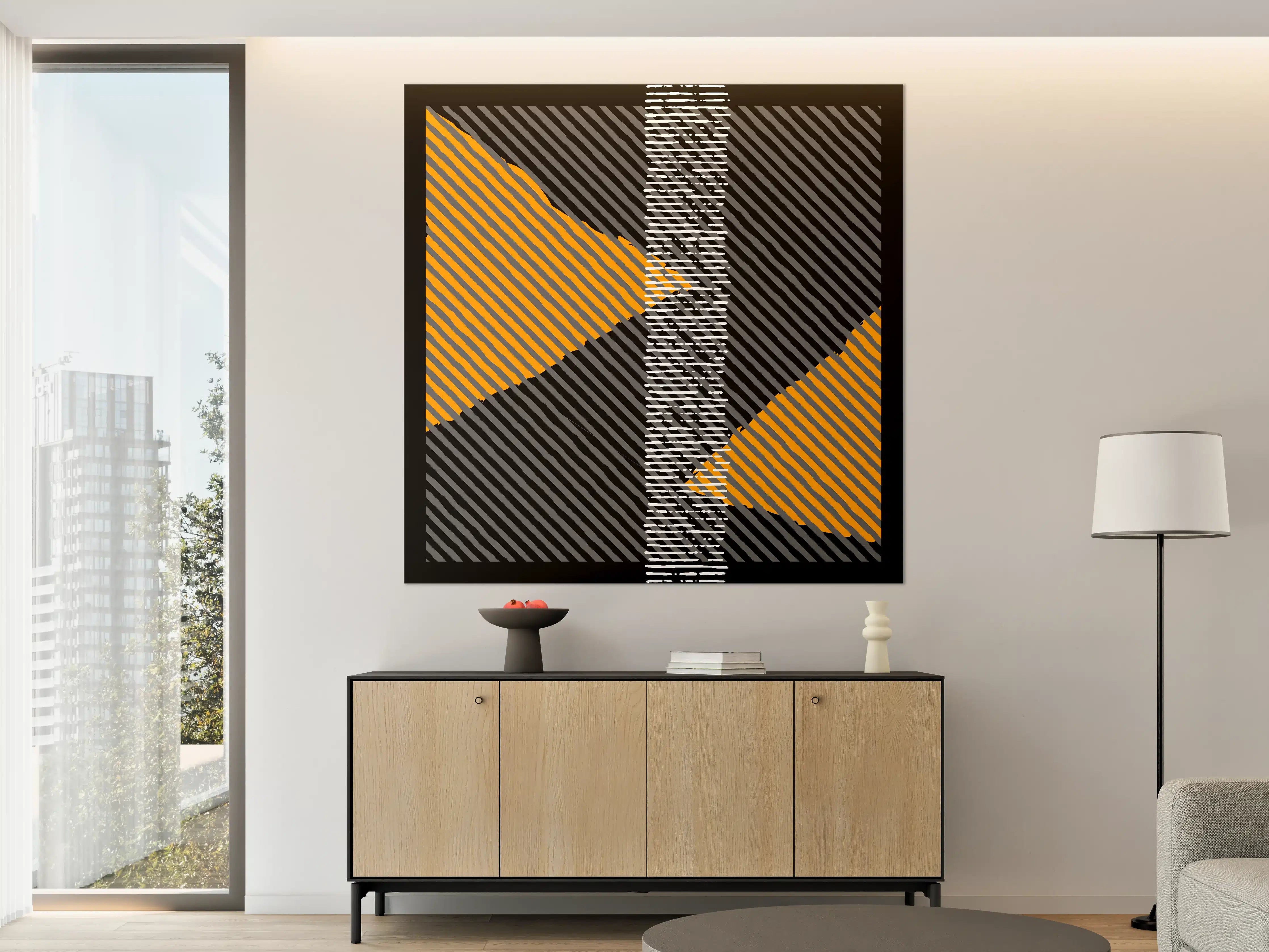 Große Wandbilder - Abstraktes geometrisches Wandbild in Schwarz, Grau, Weiß und Orange