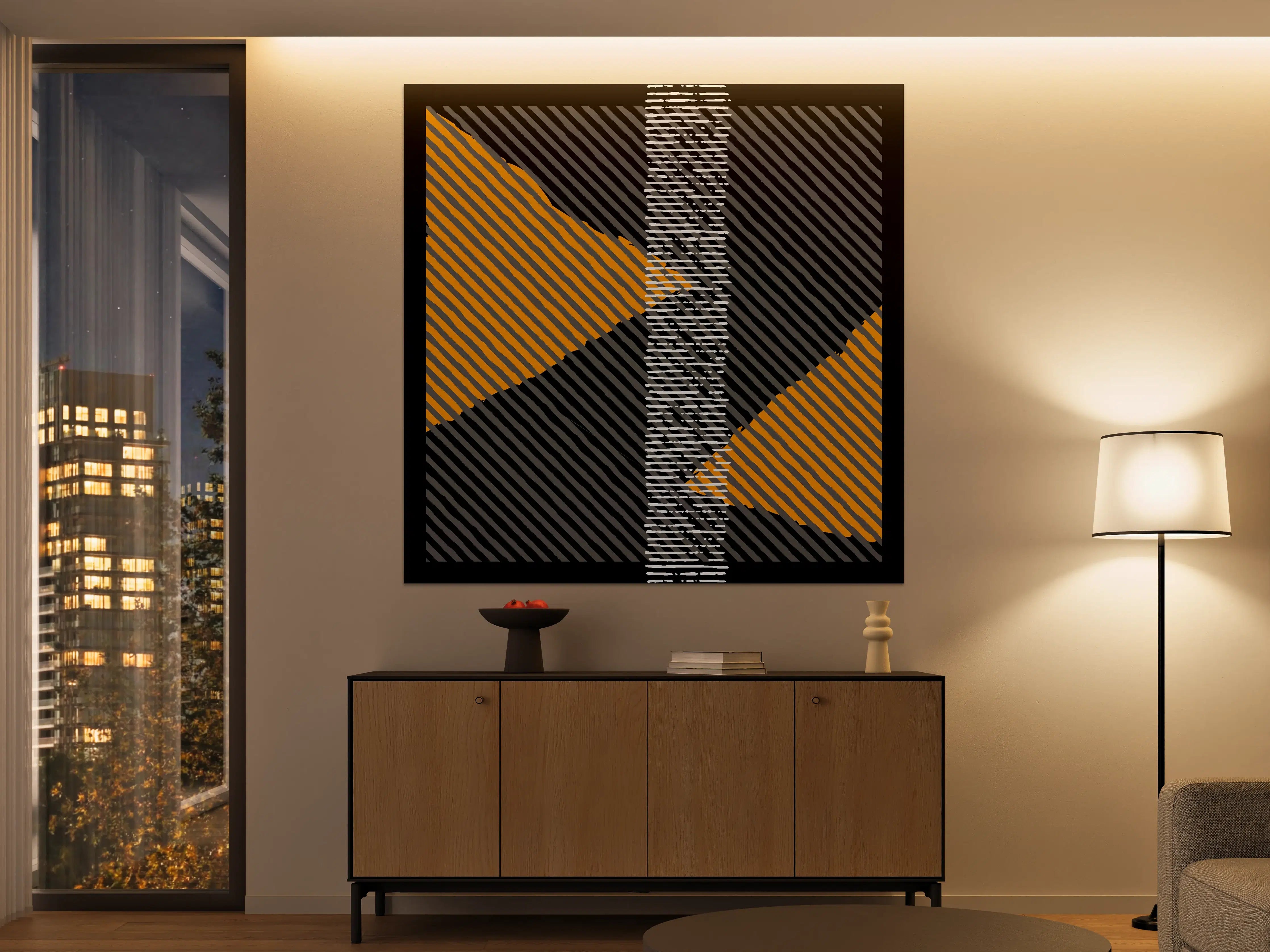 Große Wandbilder - Abstraktes geometrisches Wandbild in Schwarz, Grau, Weiß und Orange