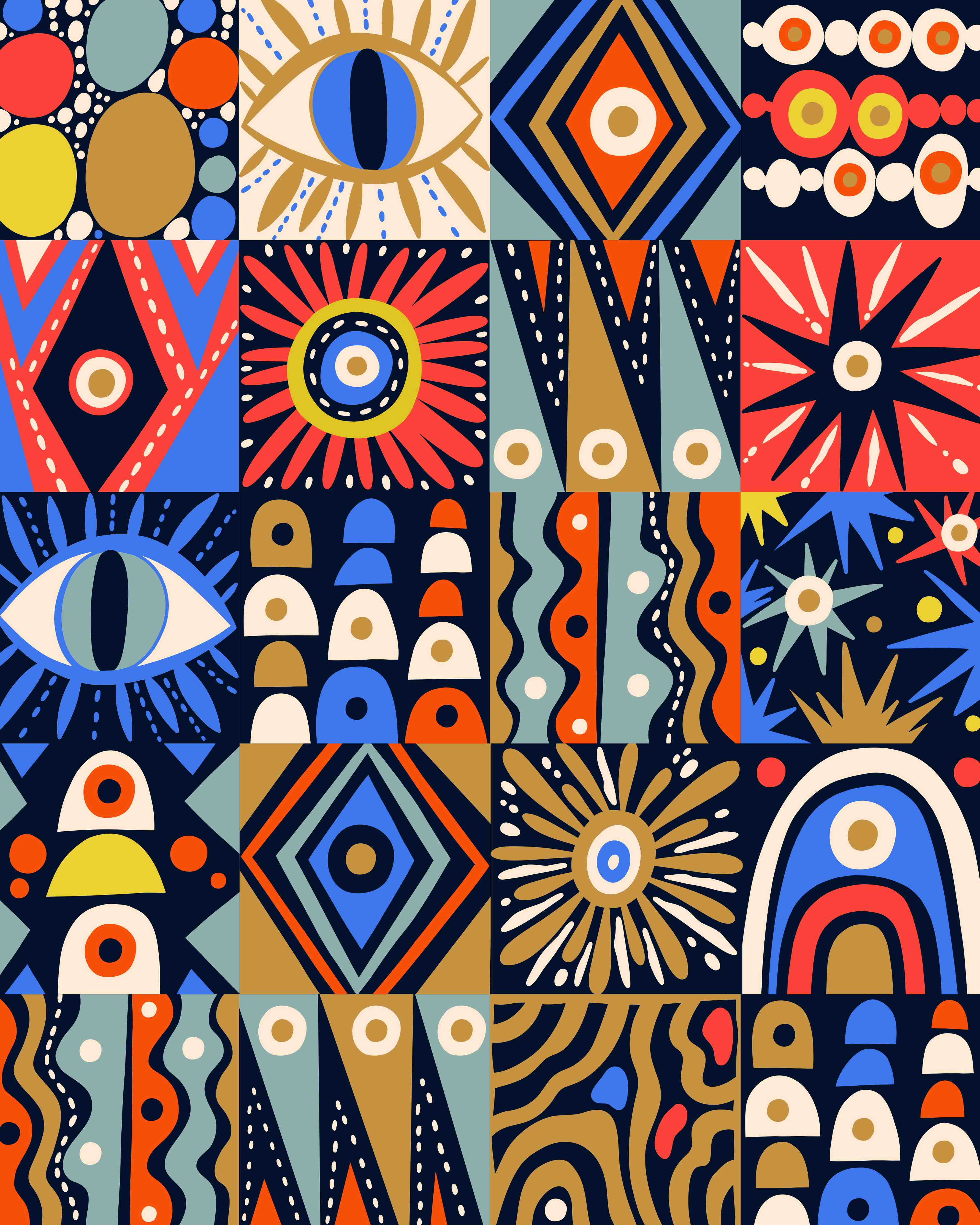 Große Wandbilder-Abstraktes, geometrisches Muster in Blau, Rot und Braun