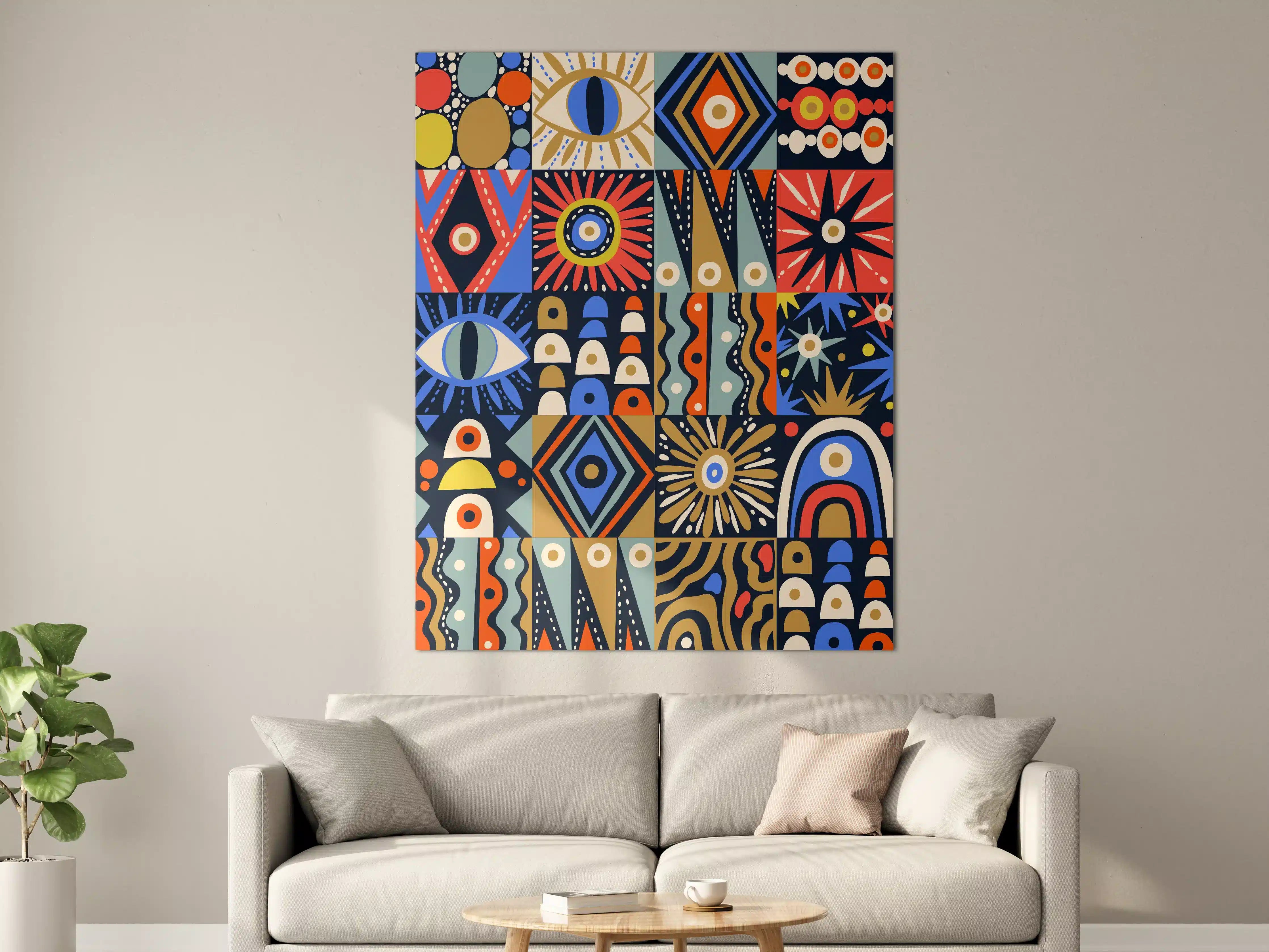 Große Wandbilder - Abstraktes, geometrisches Muster in Blau, Rot und Braun