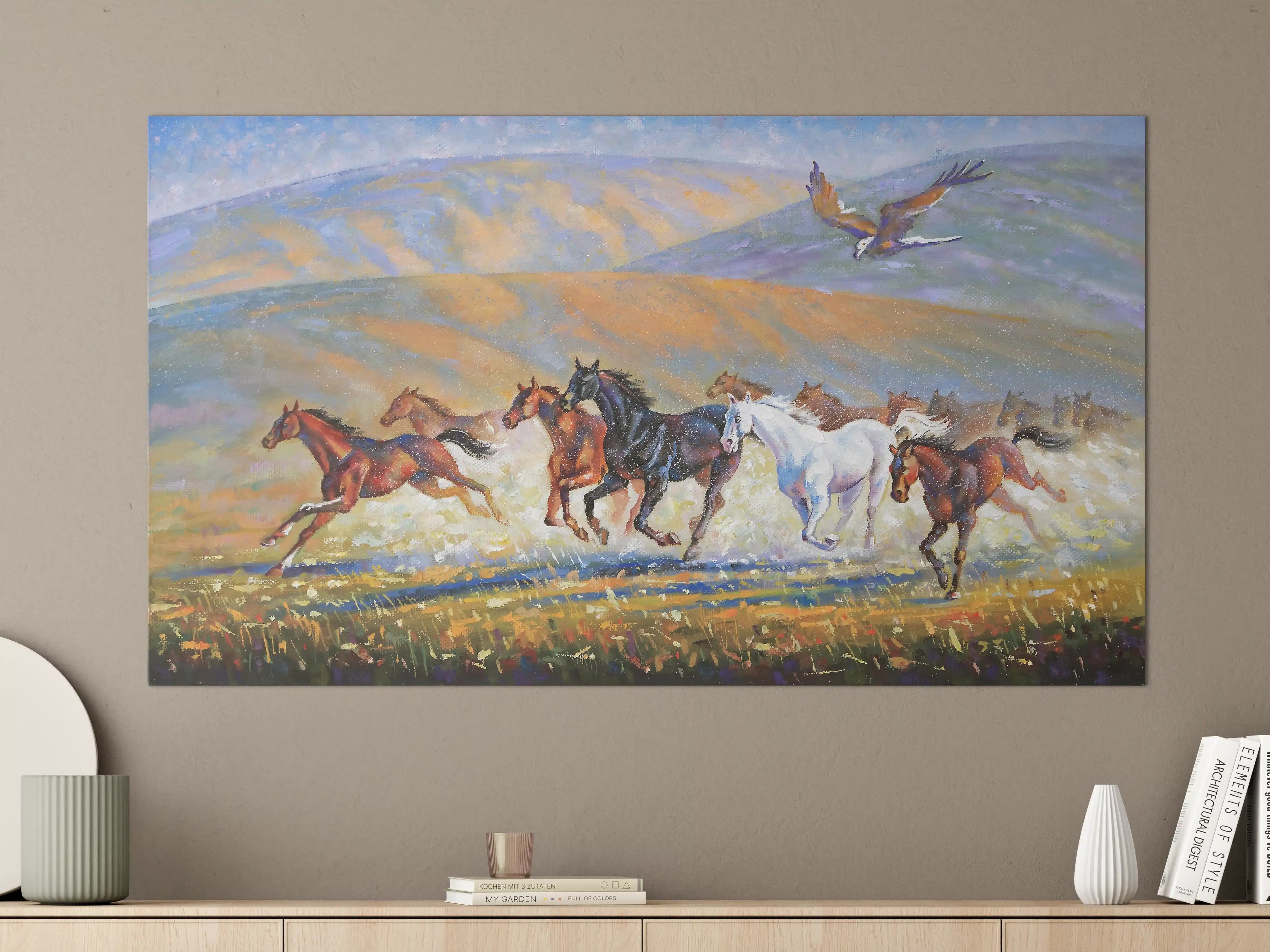 Große Wandbilder - Adler über gallopierender  Herde von Pferden
