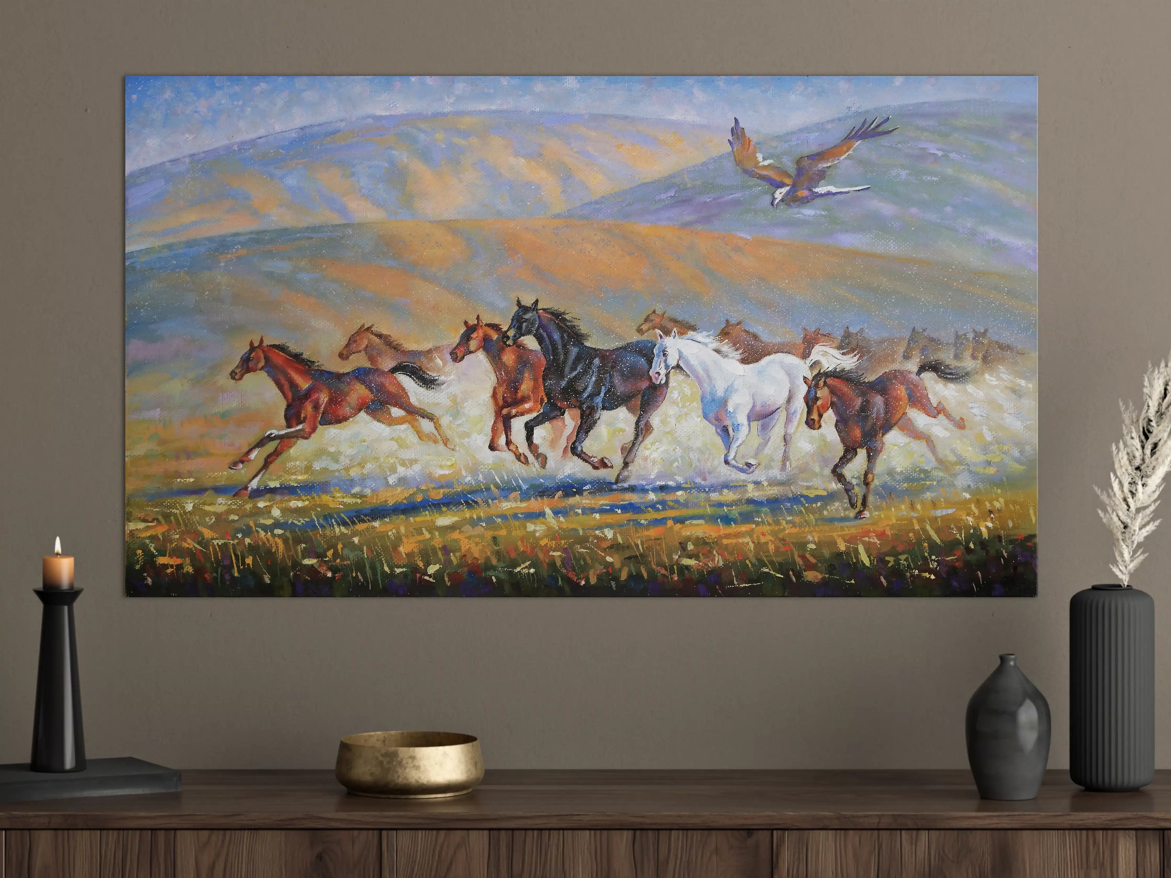 Große Wandbilder - Adler über gallopierender  Herde von Pferden