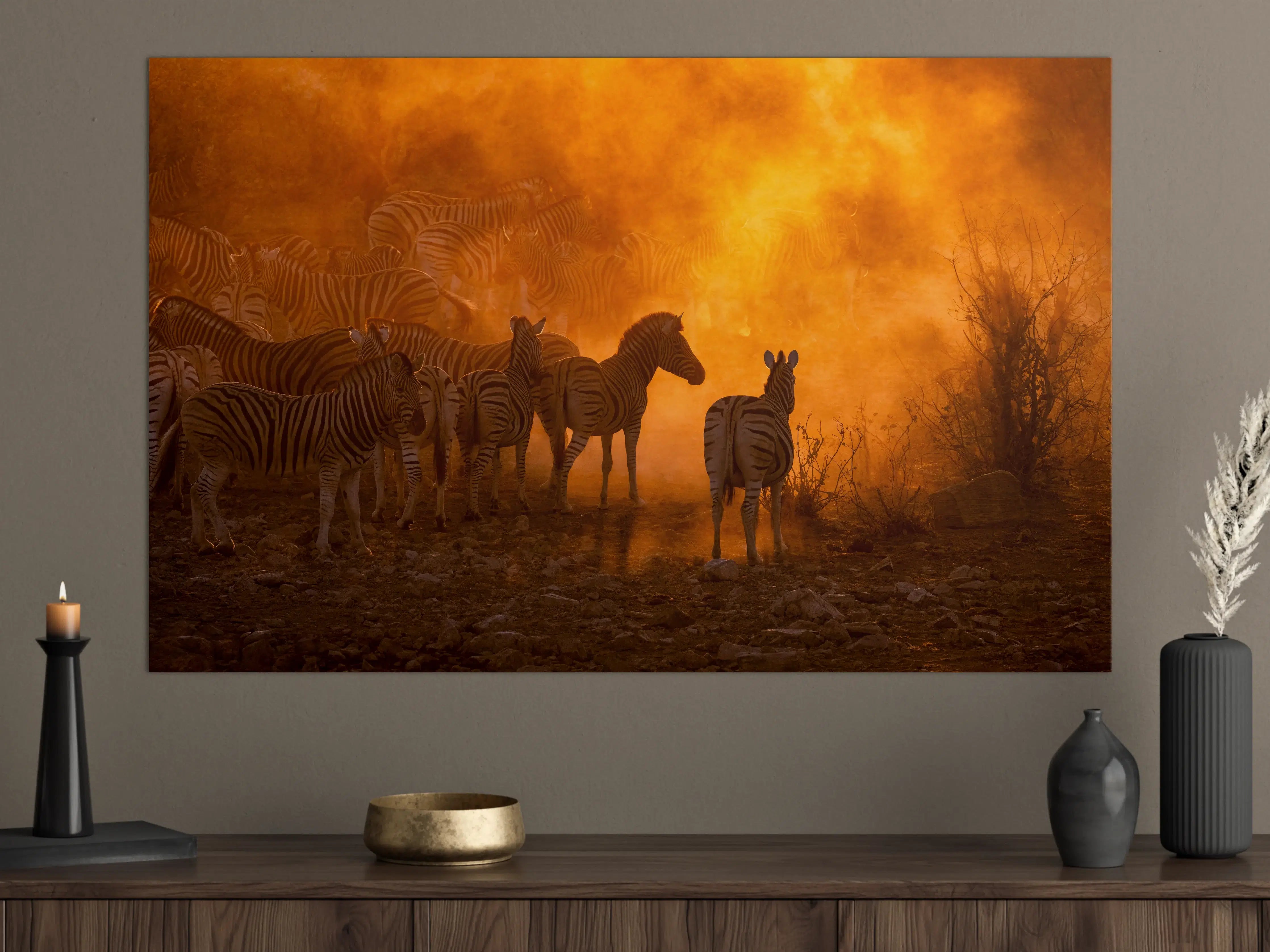 Große Wandbilder - Afrikanische Zebras bei Sonnenuntergang mit Feuerhintergrund