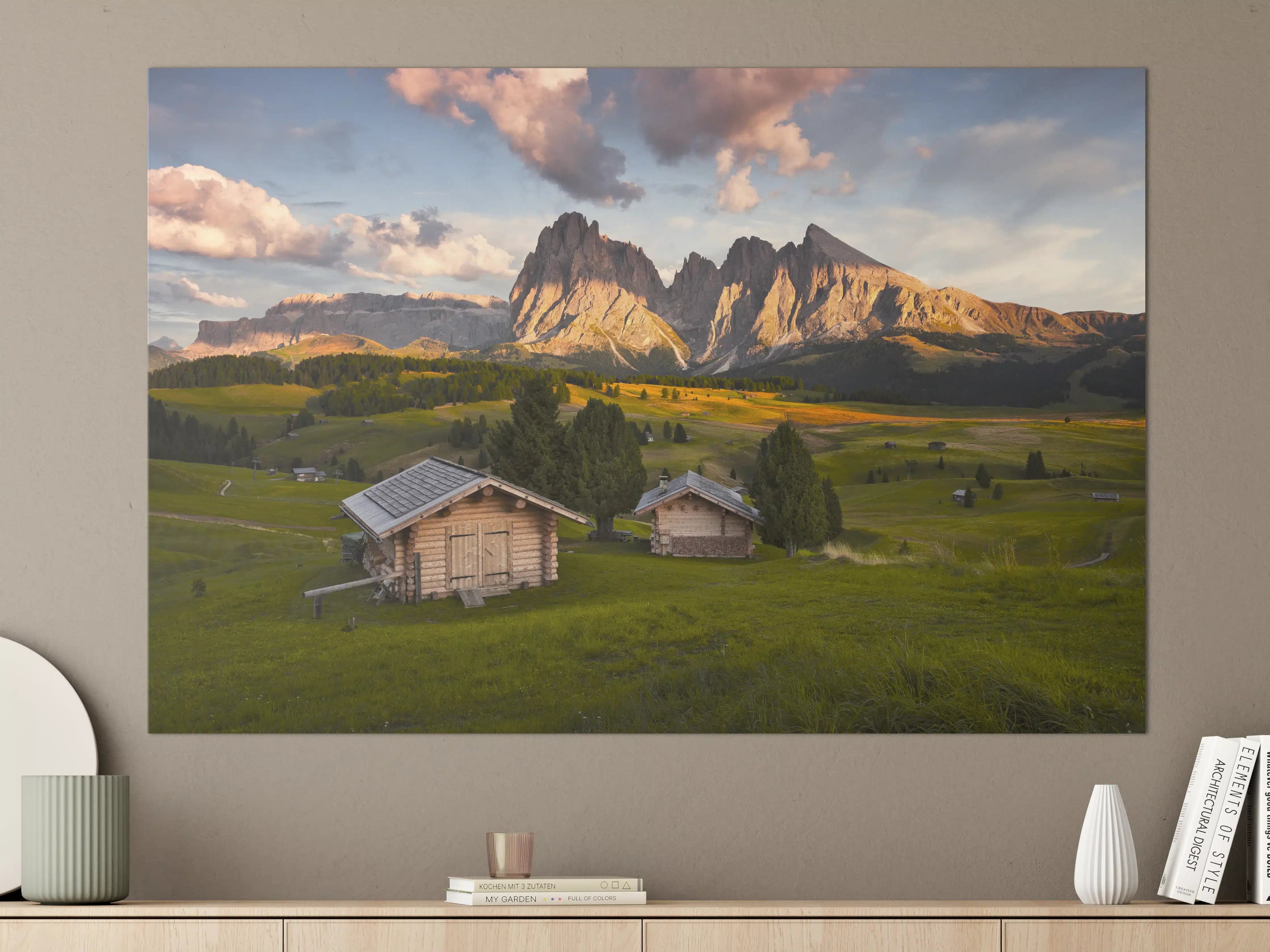 Große Wandbilder - Alpenhütten Sonnenuntergang Grün