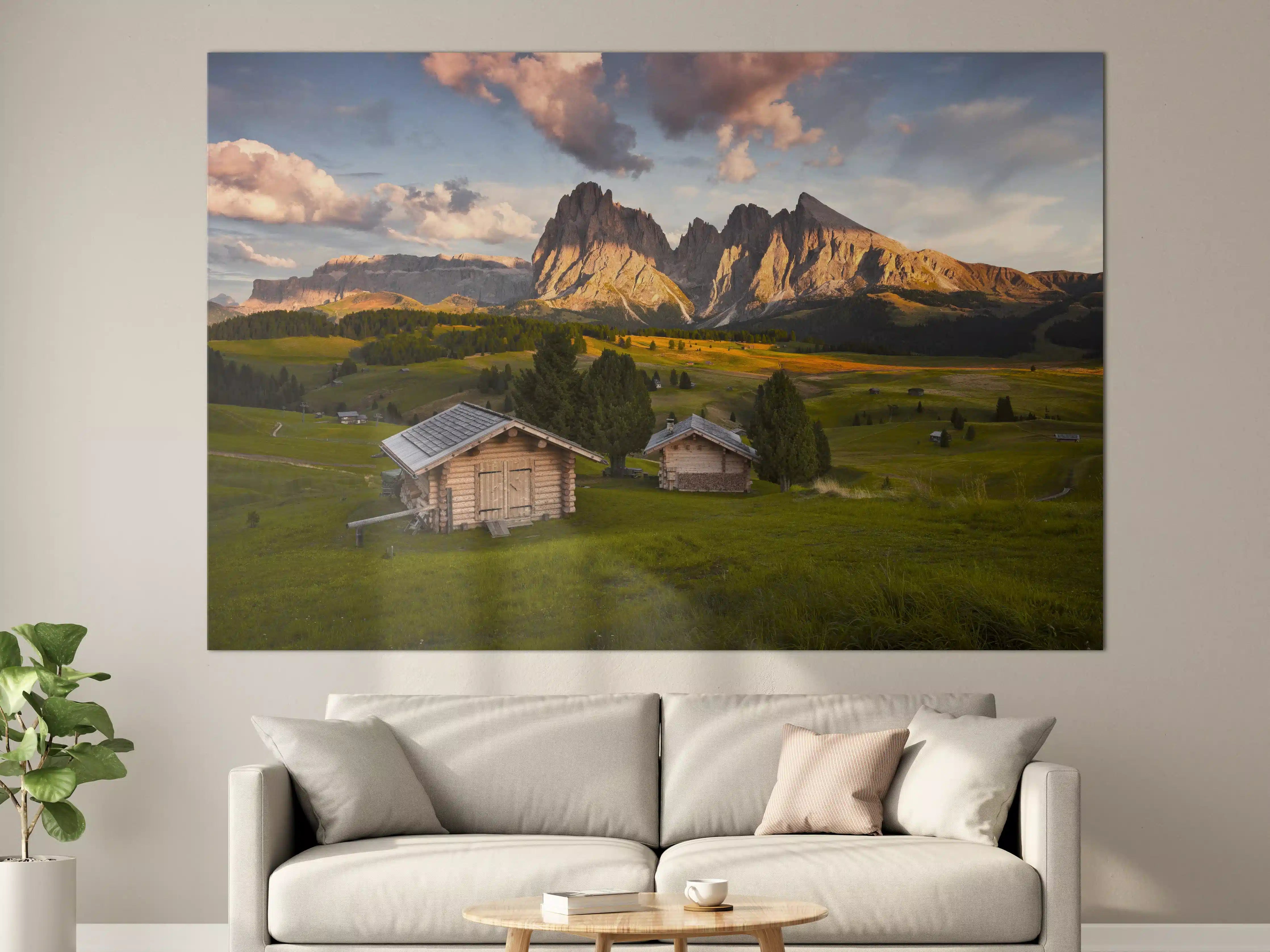 Große Wandbilder - Alpenhütten Sonnenuntergang Grün