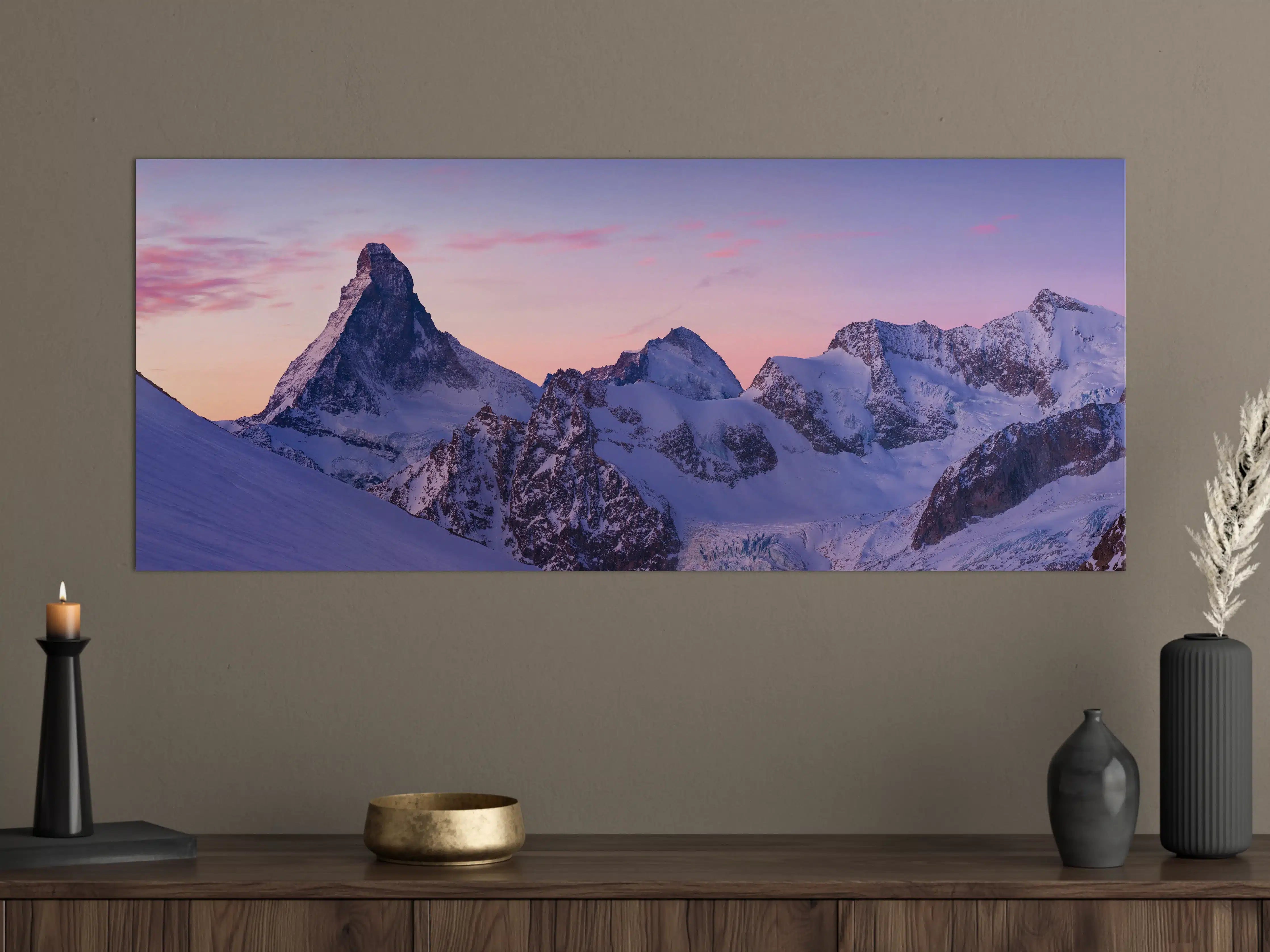 Große Wandbilder - Alpenpanorama Sonnenuntergang Weiß-Rosa