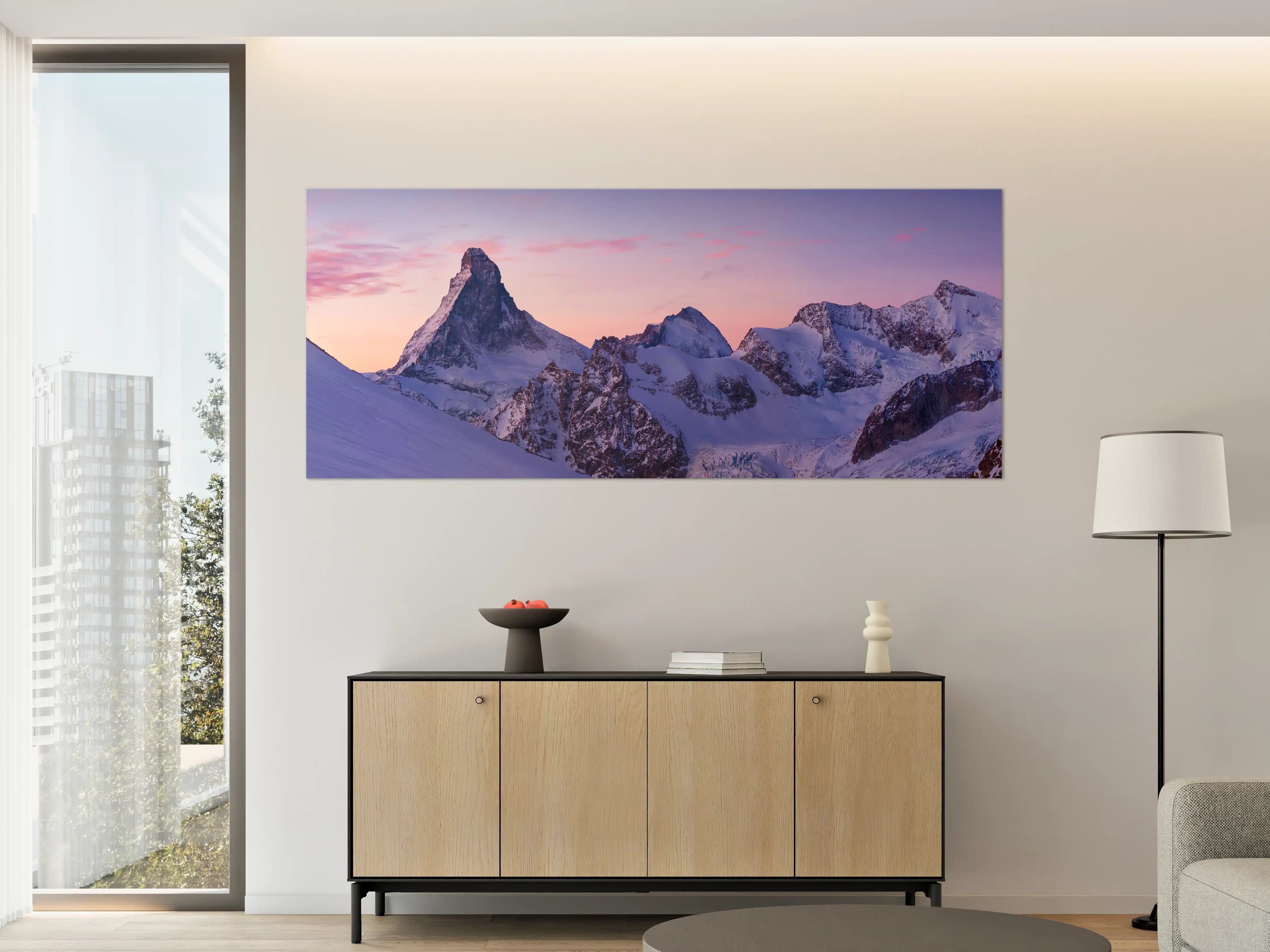 Große Wandbilder - Alpenpanorama Sonnenuntergang Weiß-Rosa