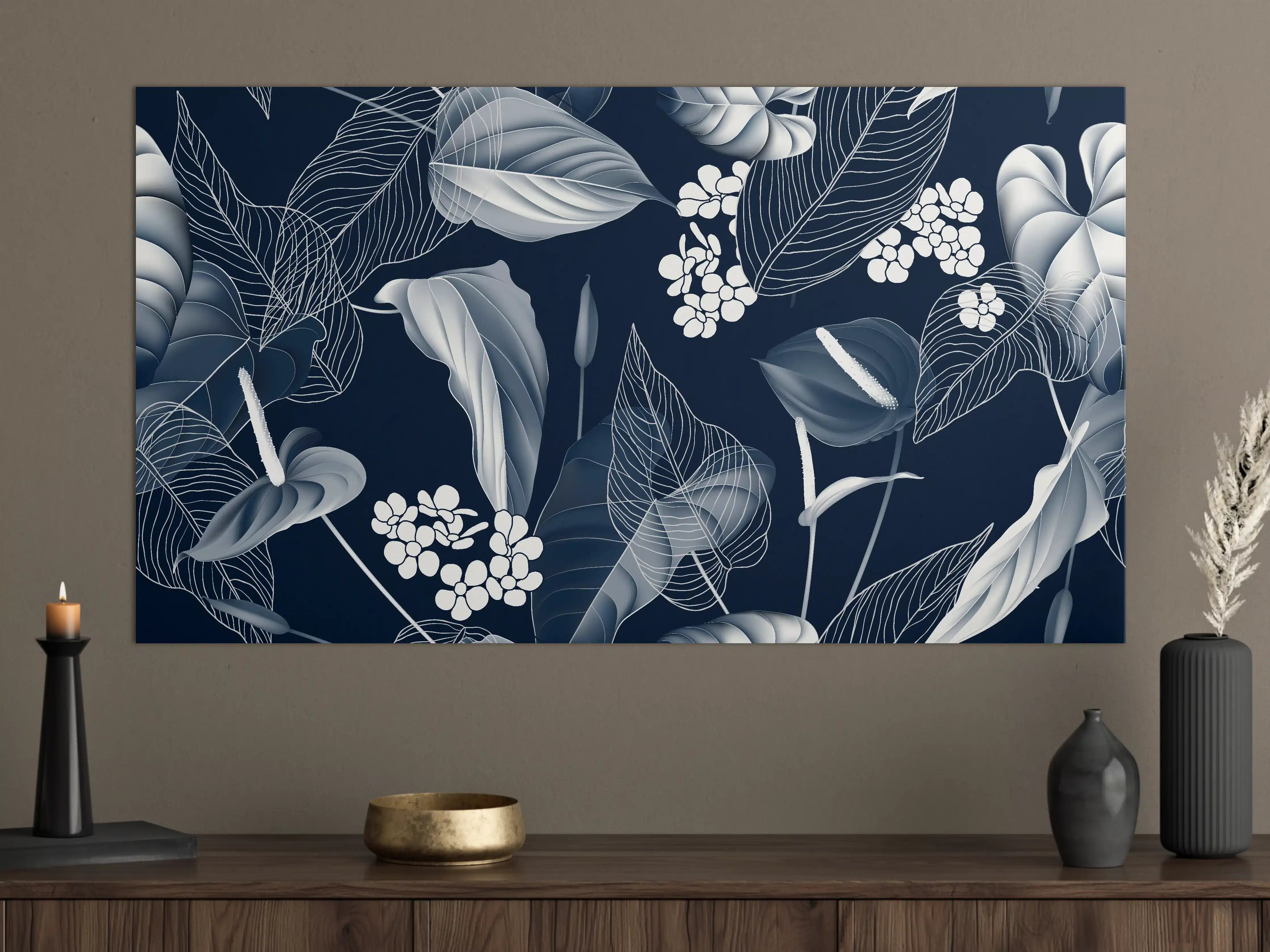 Große Wandbilder - Anthurium Blumen Dunkelblau Muster