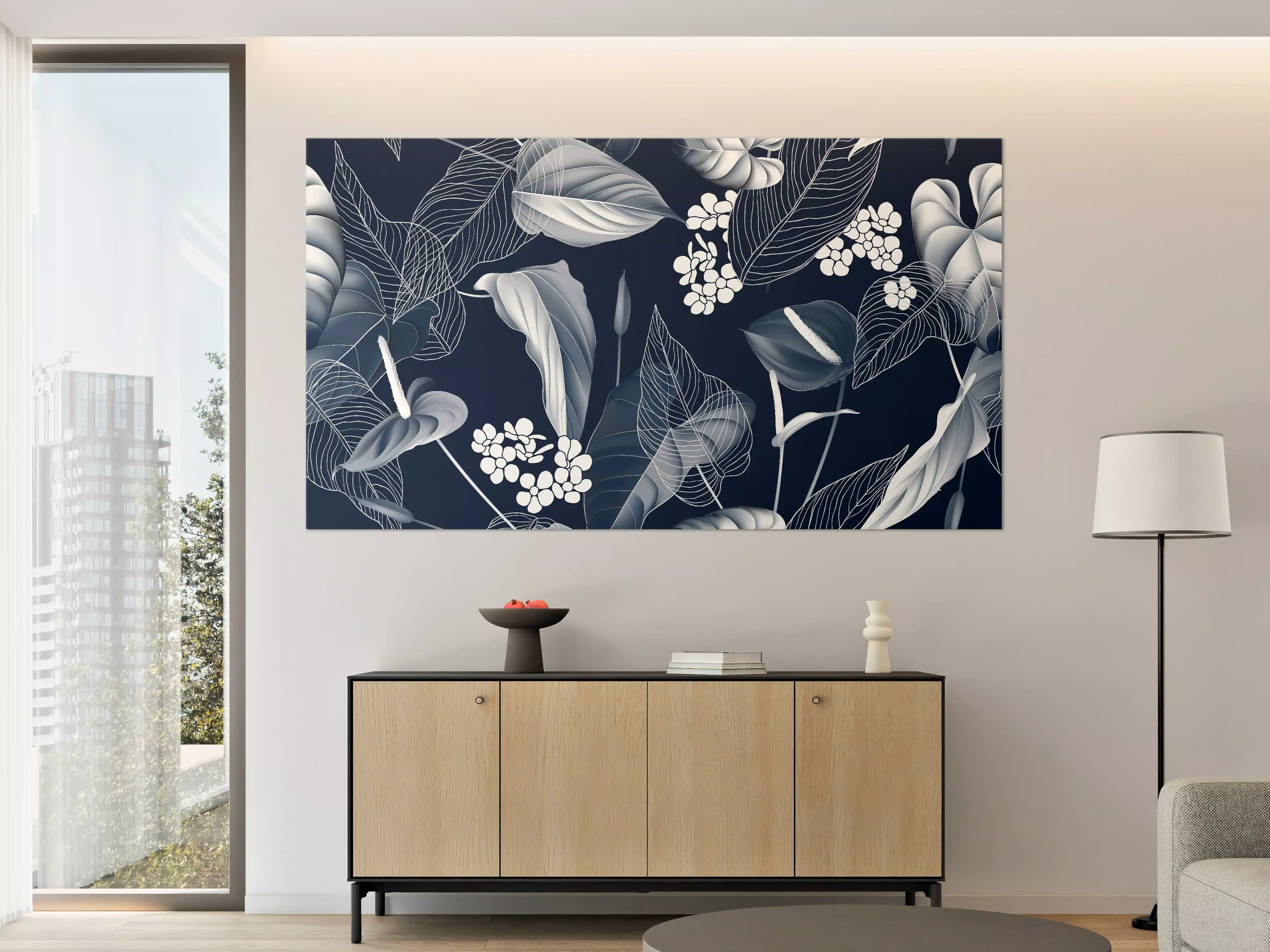 Große Wandbilder - Anthurium Blumen Dunkelblau Muster