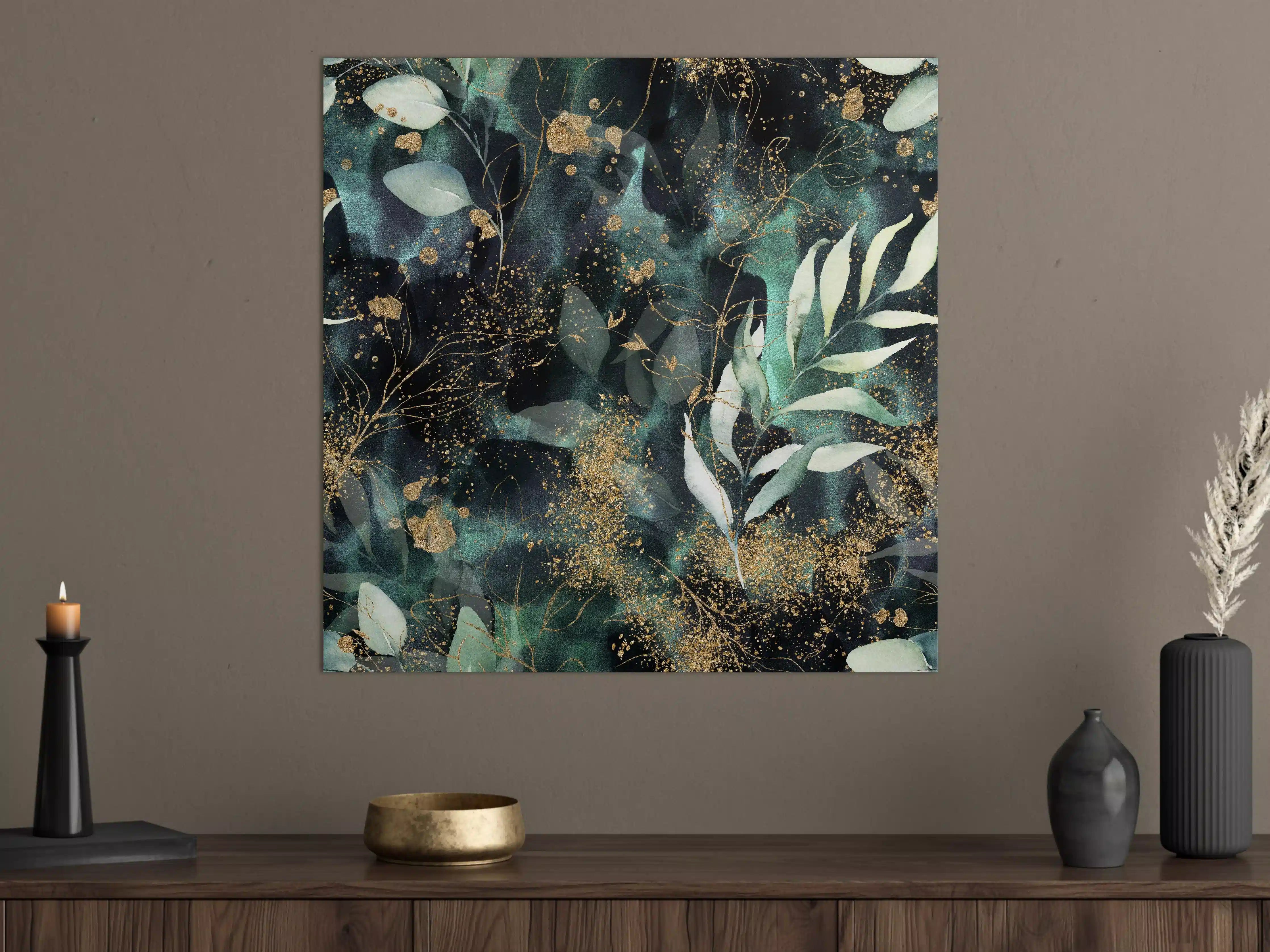 Große Wandbilder - Aquarell - abstrakte Blumen mit gold