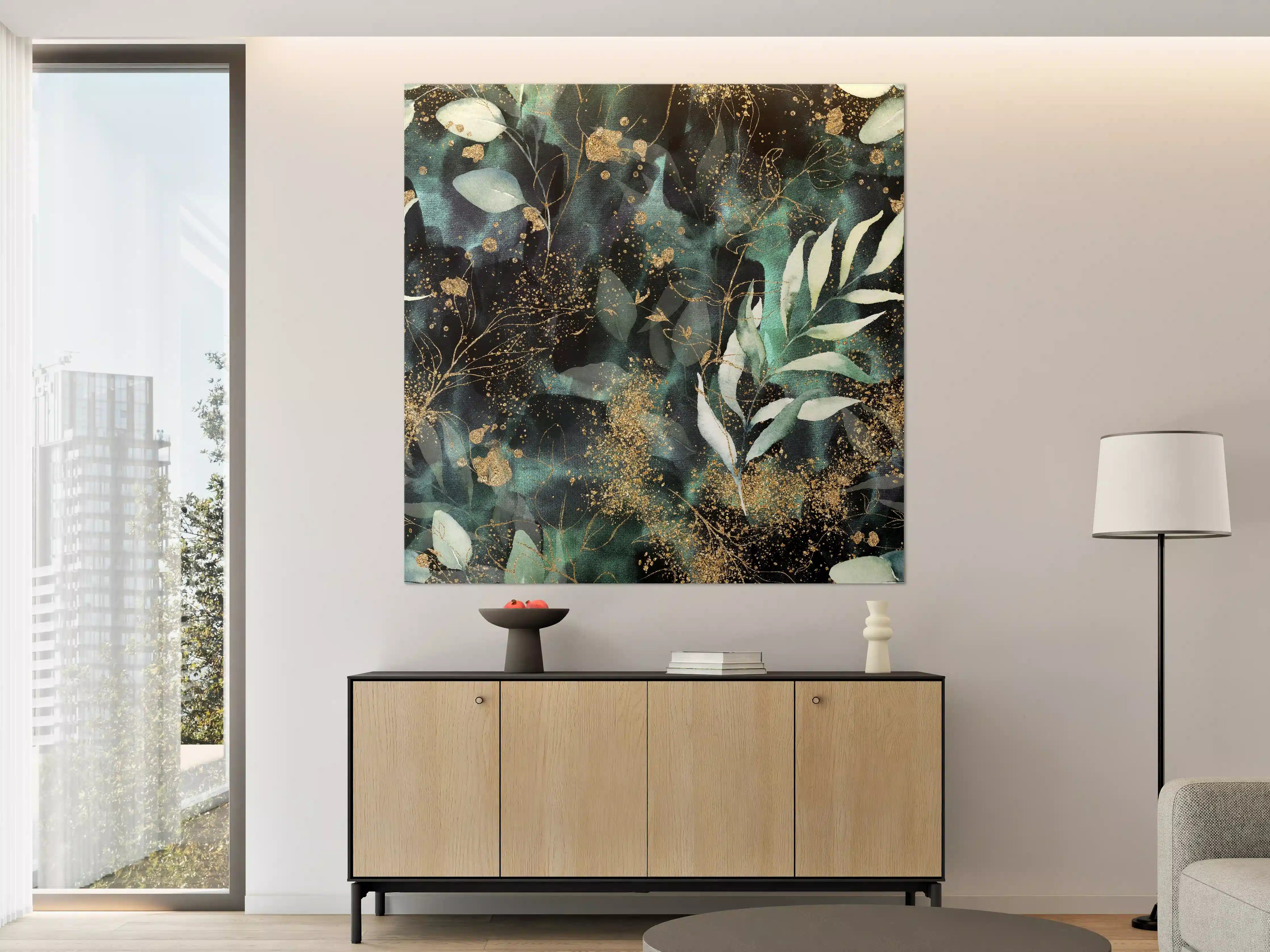 Große Wandbilder - Aquarell - abstrakte Blumen mit gold