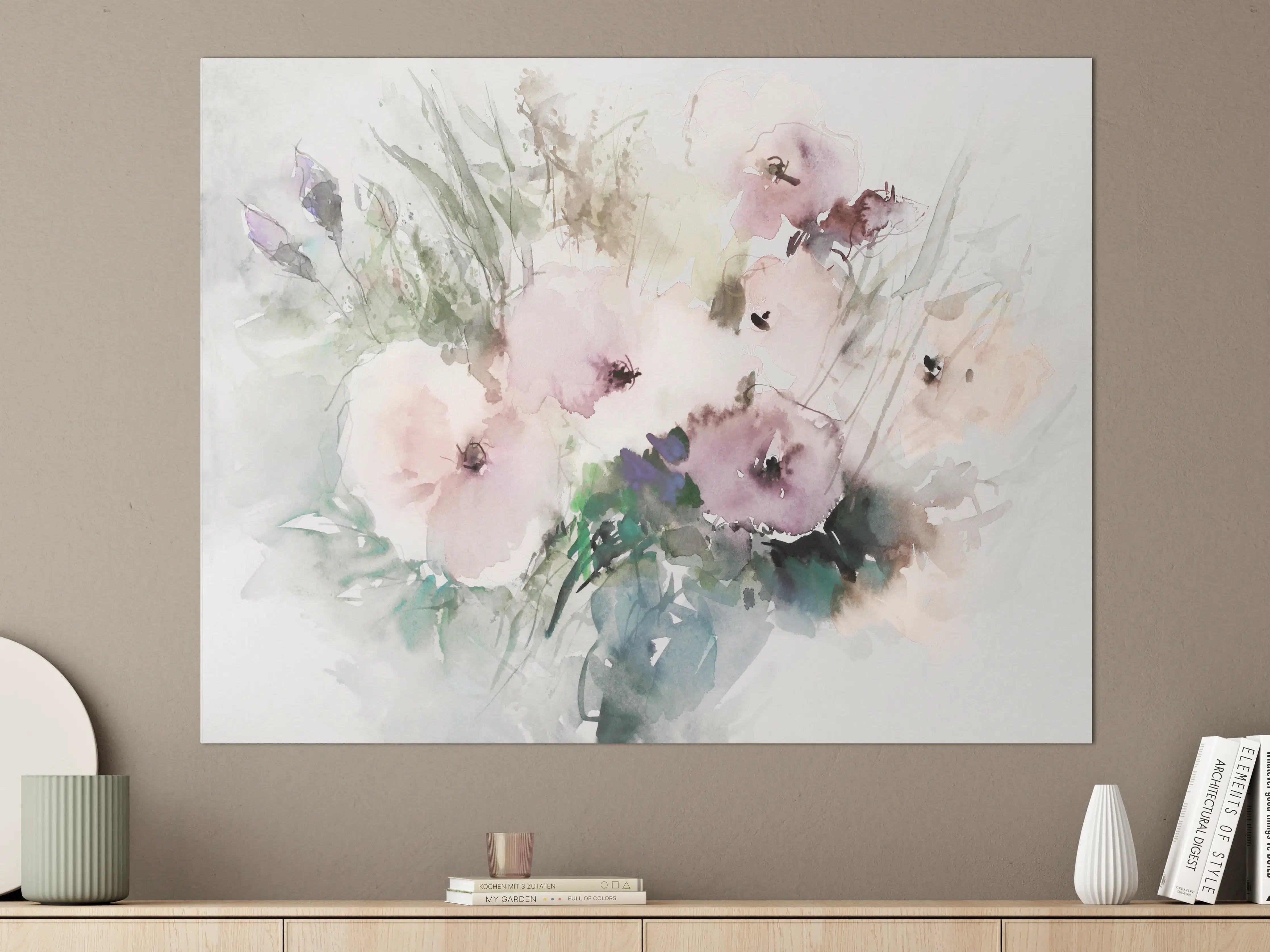 Große Wandbilder - Aquarell-Blumenstrauß in zarten Pastelltönen