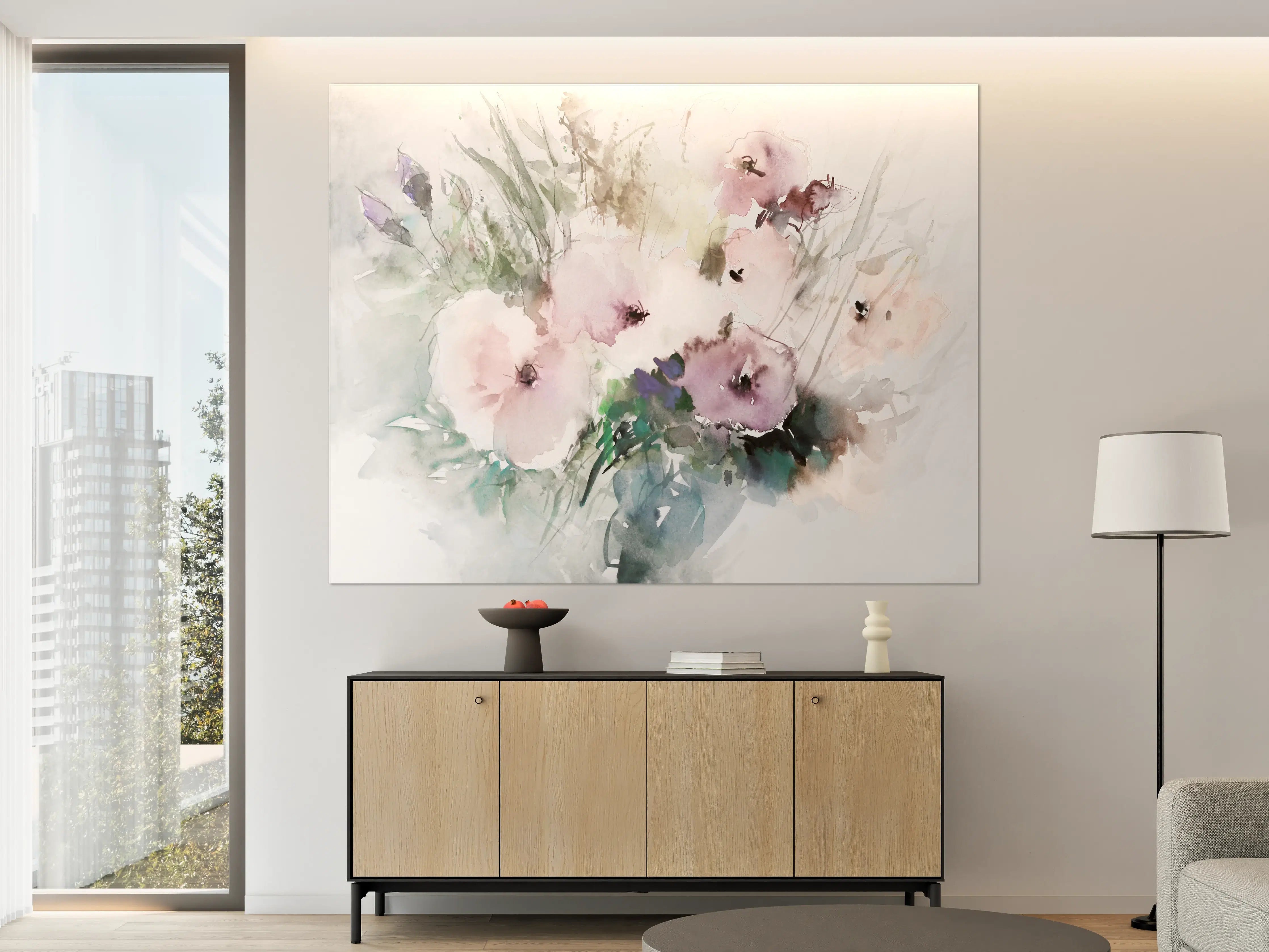 Große Wandbilder - Aquarell-Blumenstrauß in zarten Pastelltönen
