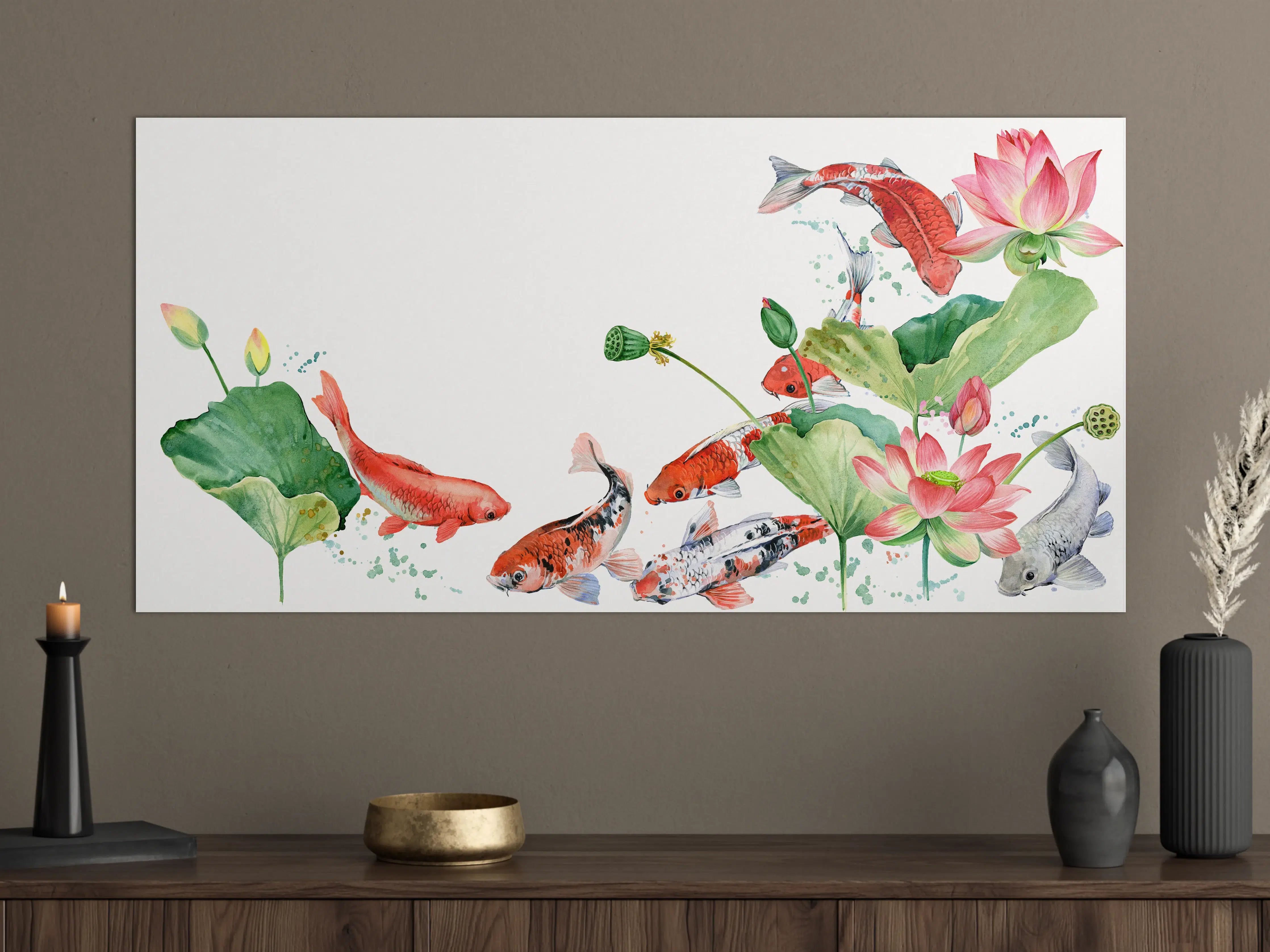 Große Wandbilder - Aquarell Koi Karpfen und Lotusblume