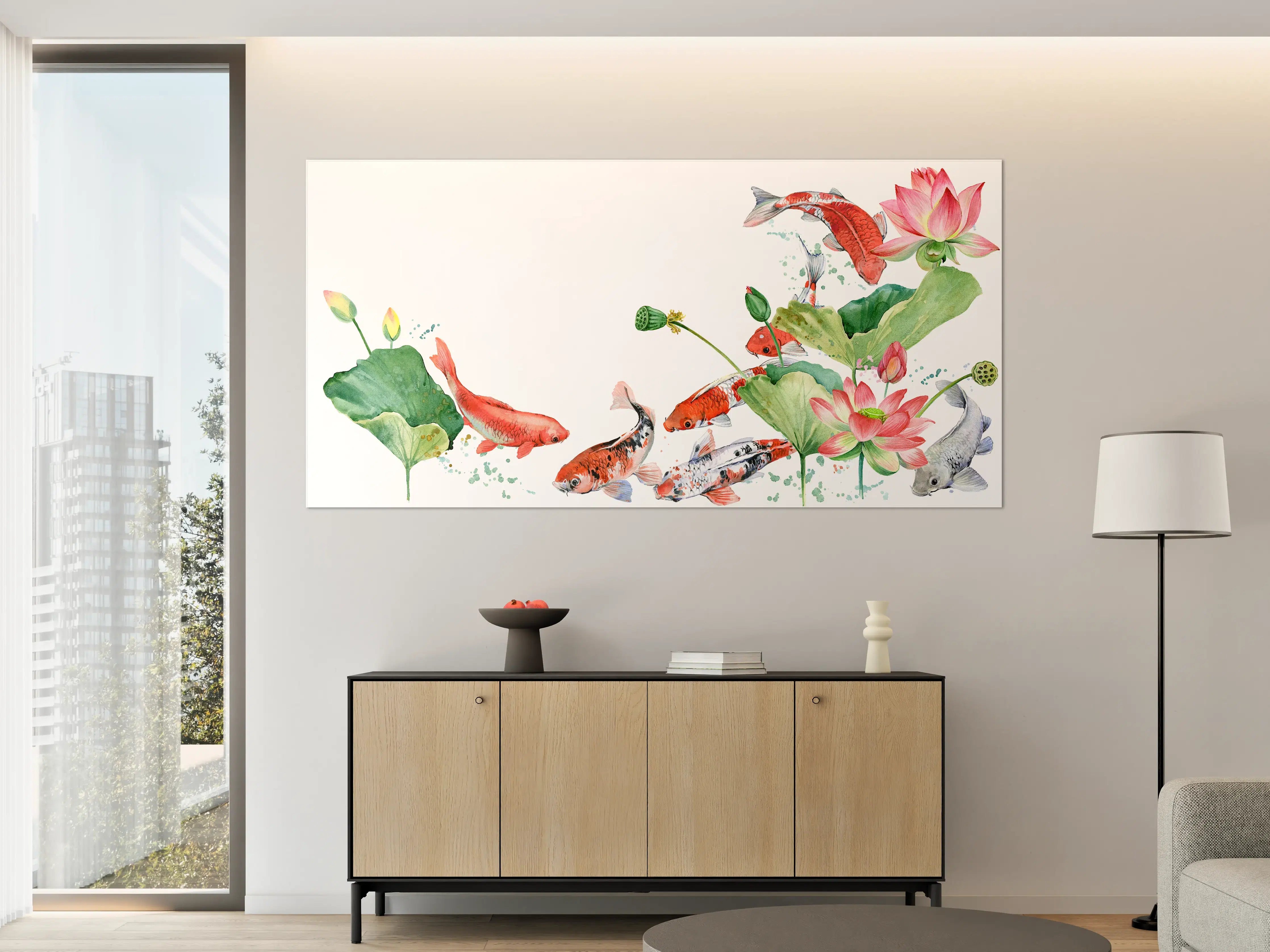 Große Wandbilder - Aquarell Koi Karpfen und Lotusblume