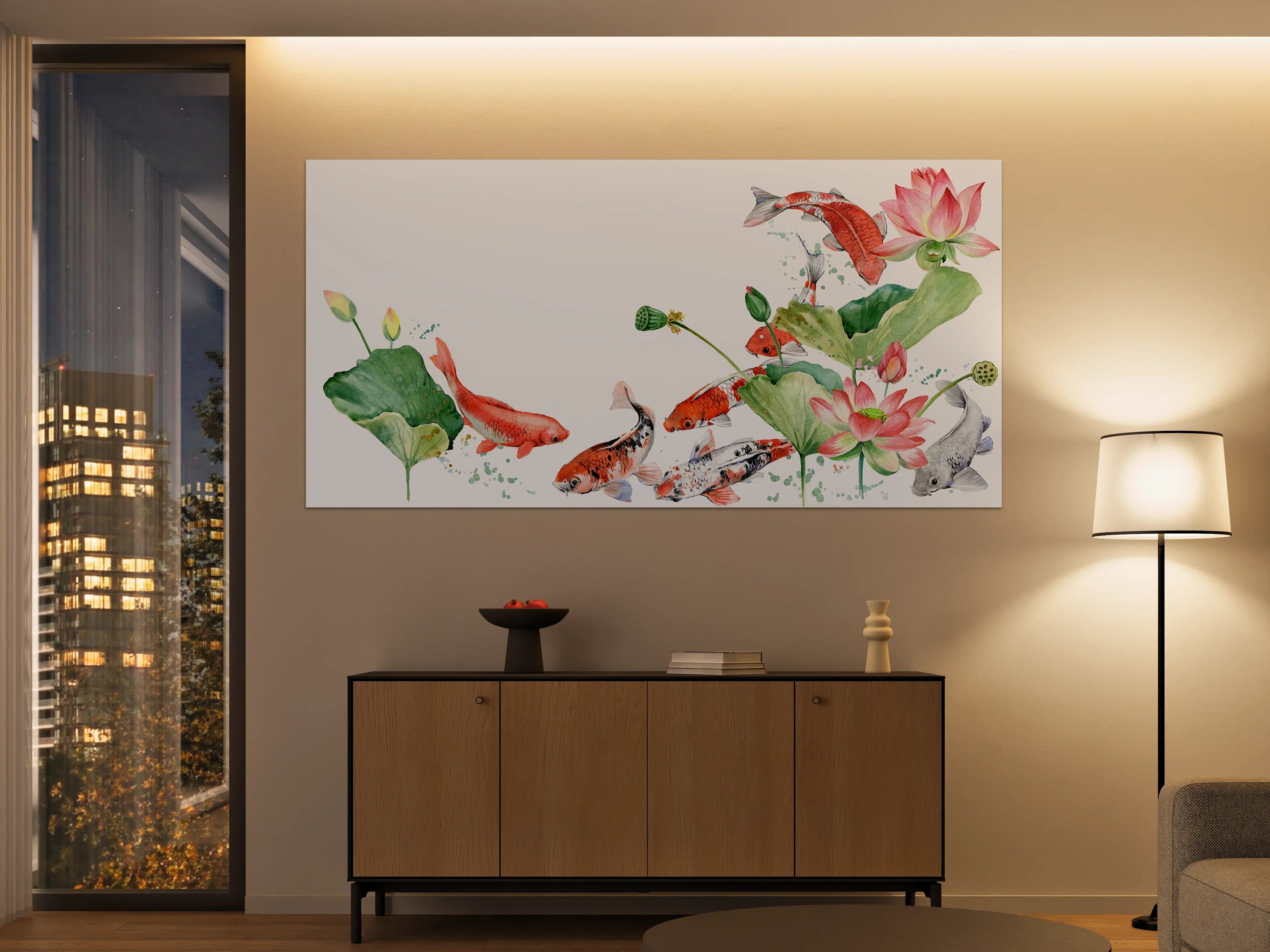 Große Wandbilder - Aquarell Koi Karpfen und Lotusblume