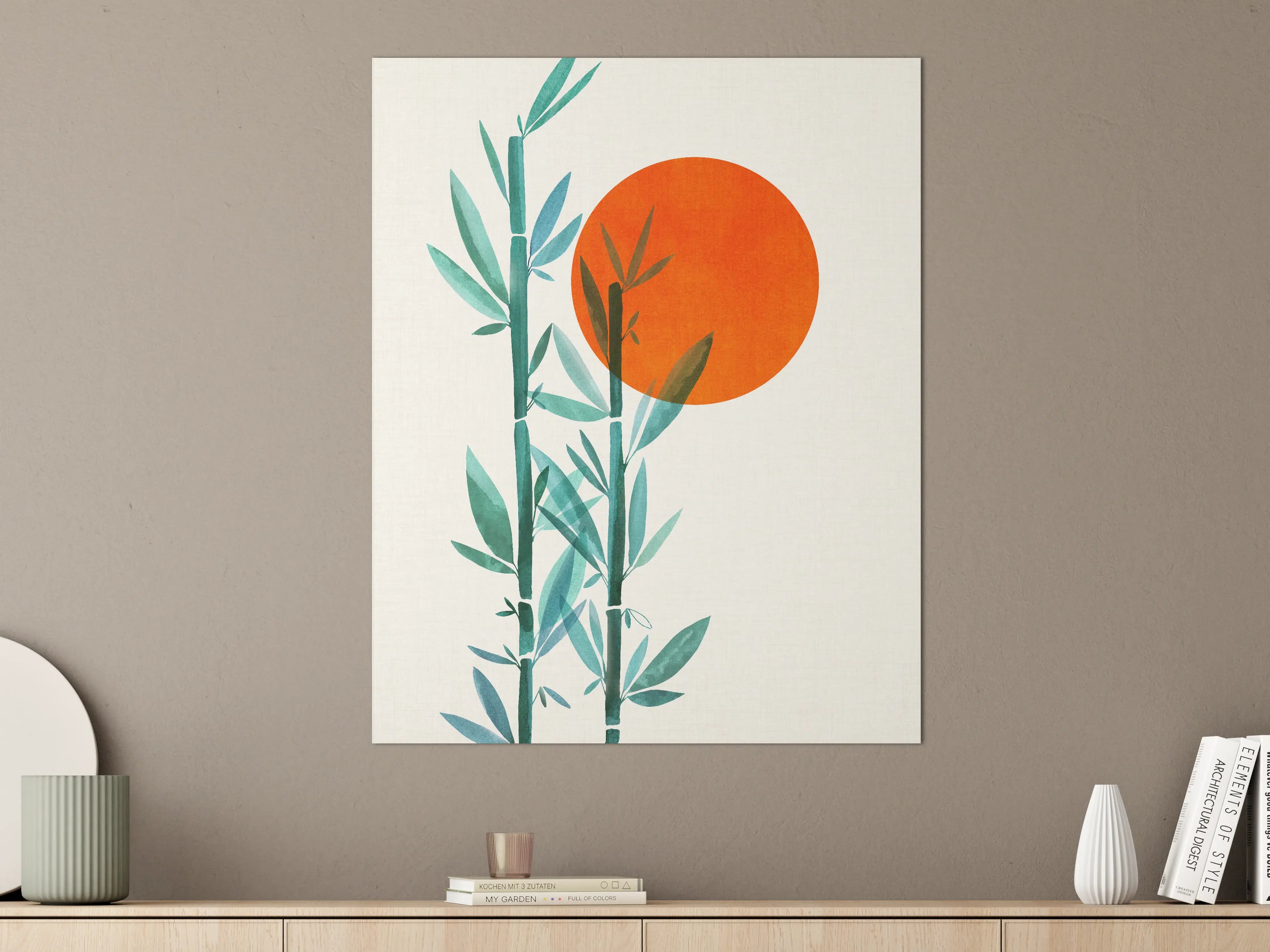 Große Wandbilder - Ästhetisches Bambusmotiv mit orangefarbener Sonne