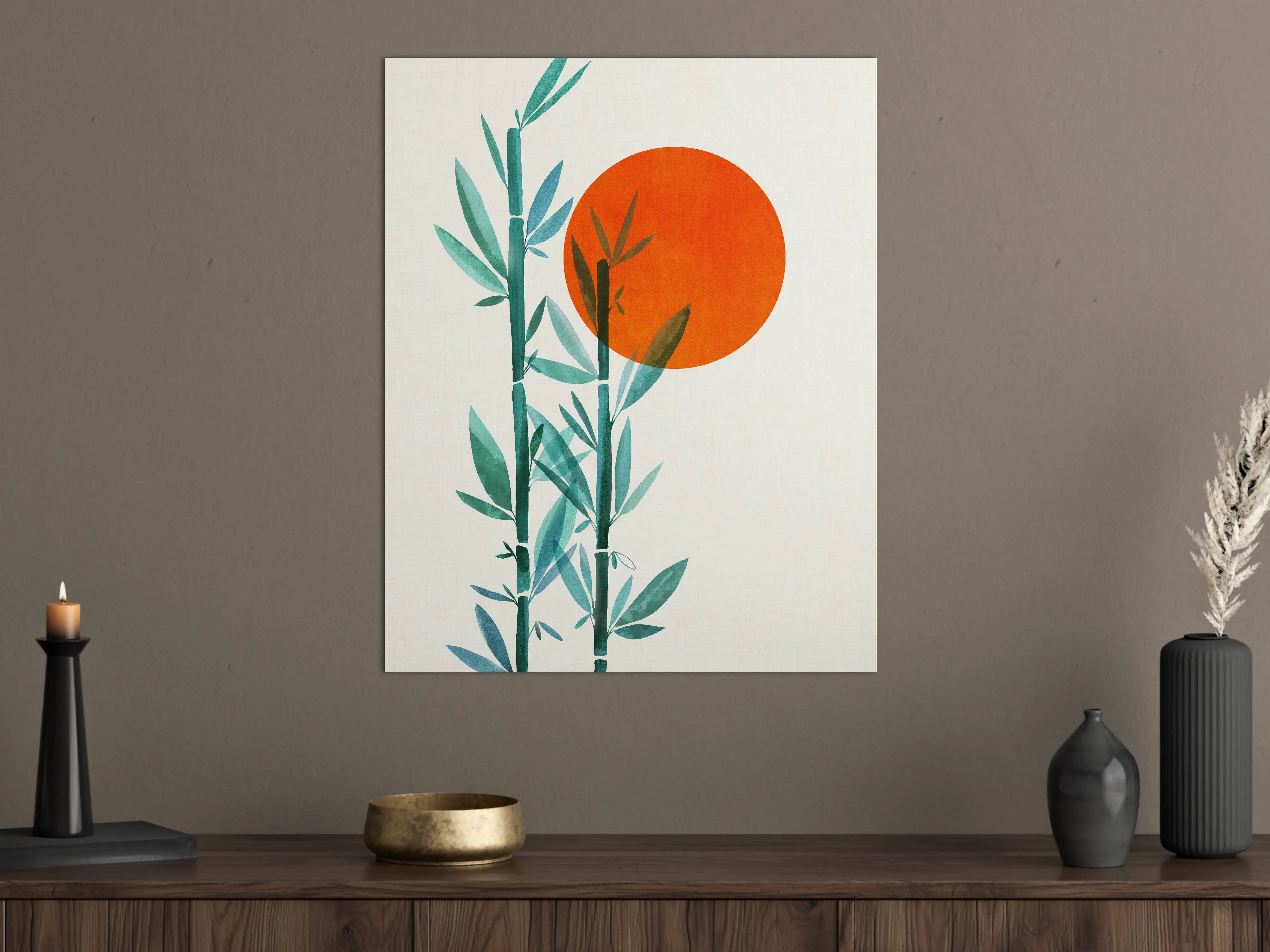 Große Wandbilder - Ästhetisches Bambusmotiv mit orangefarbener Sonne