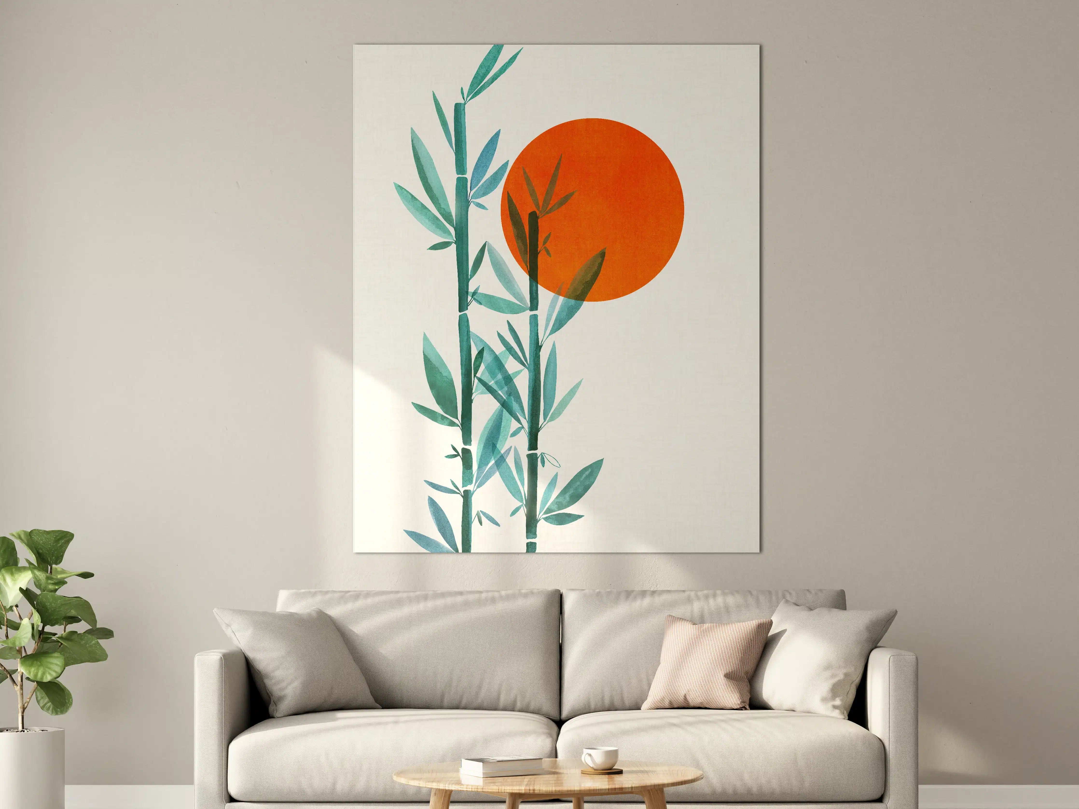 Große Wandbilder - Ästhetisches Bambusmotiv mit orangefarbener Sonne