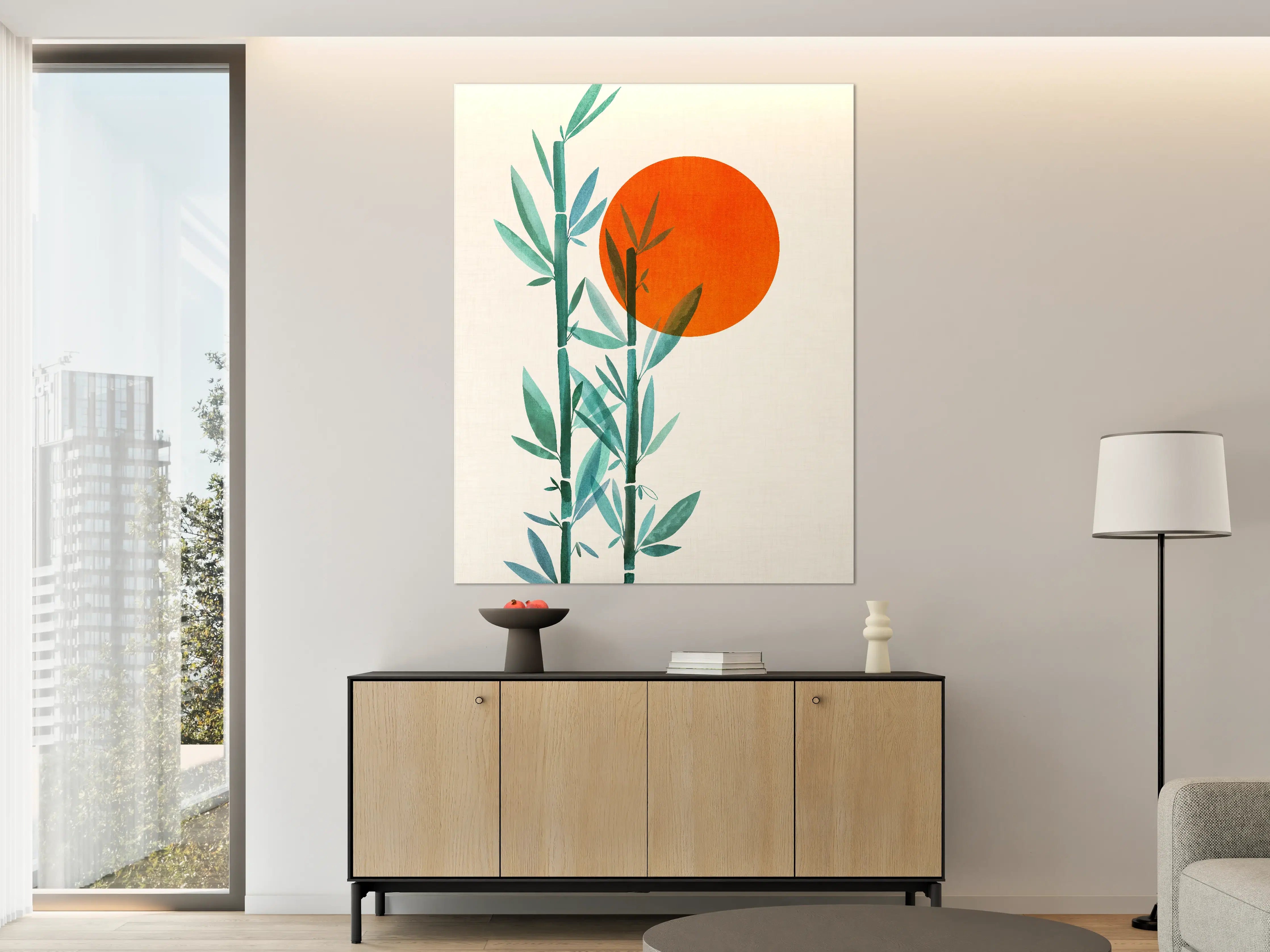 Große Wandbilder - Ästhetisches Bambusmotiv mit orangefarbener Sonne