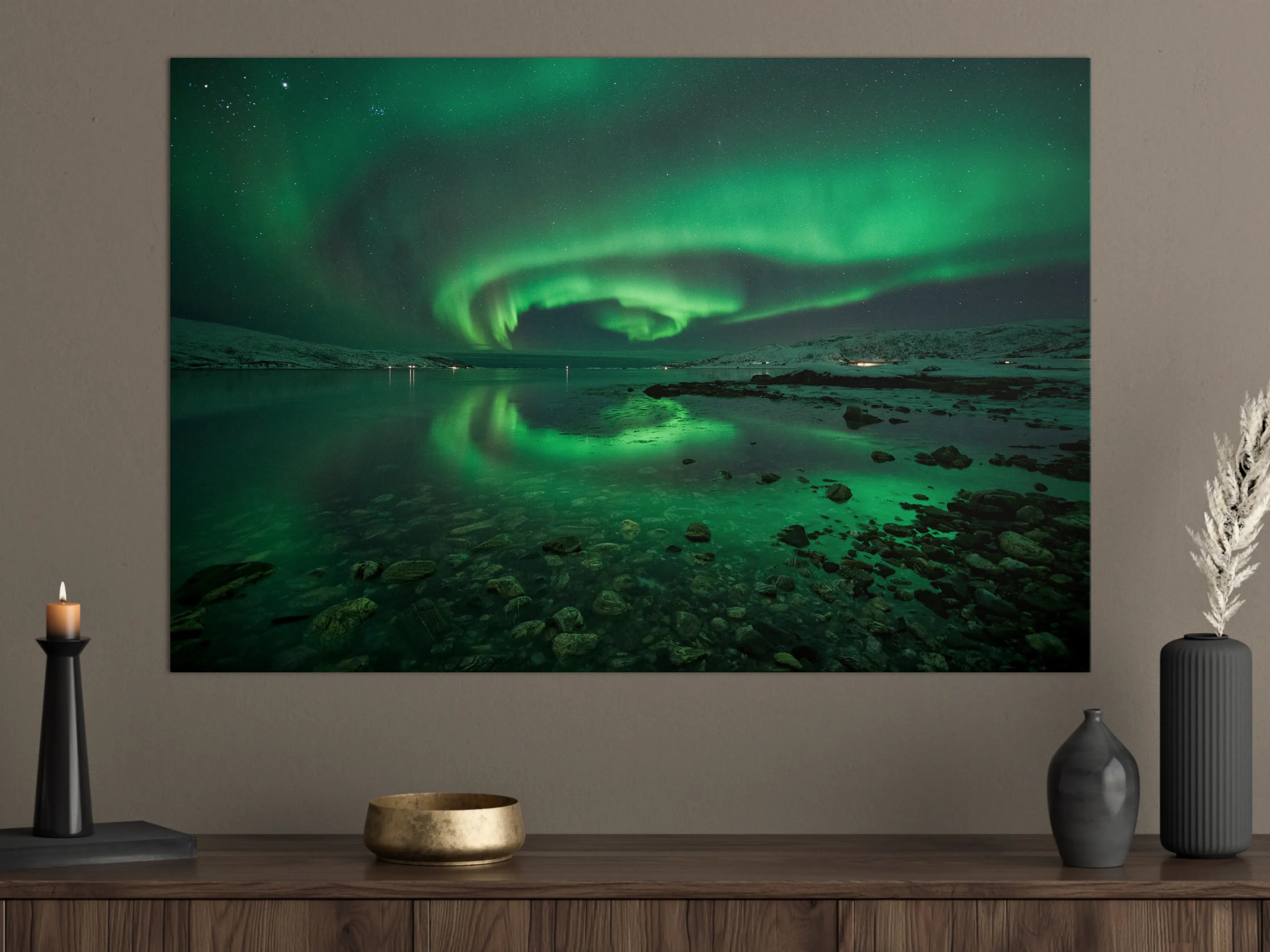 Große Wandbilder - Aurora borealis über Fjord in Island