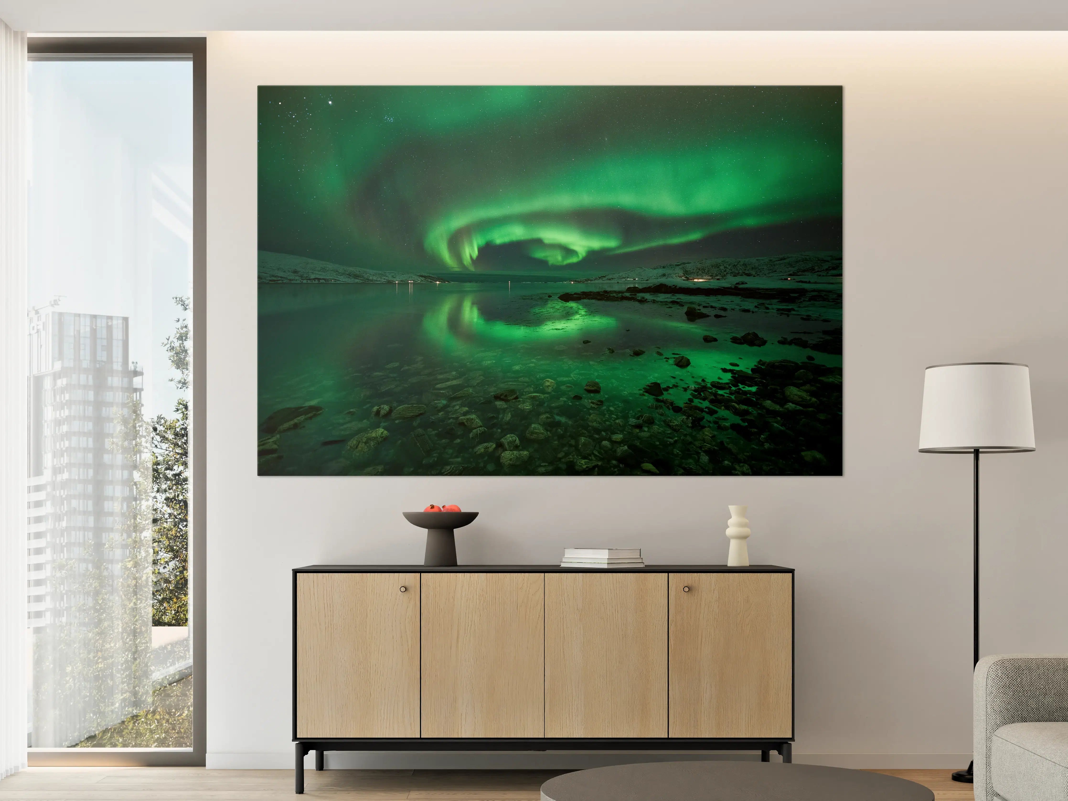 Große Wandbilder - Aurora borealis über Fjord in Island