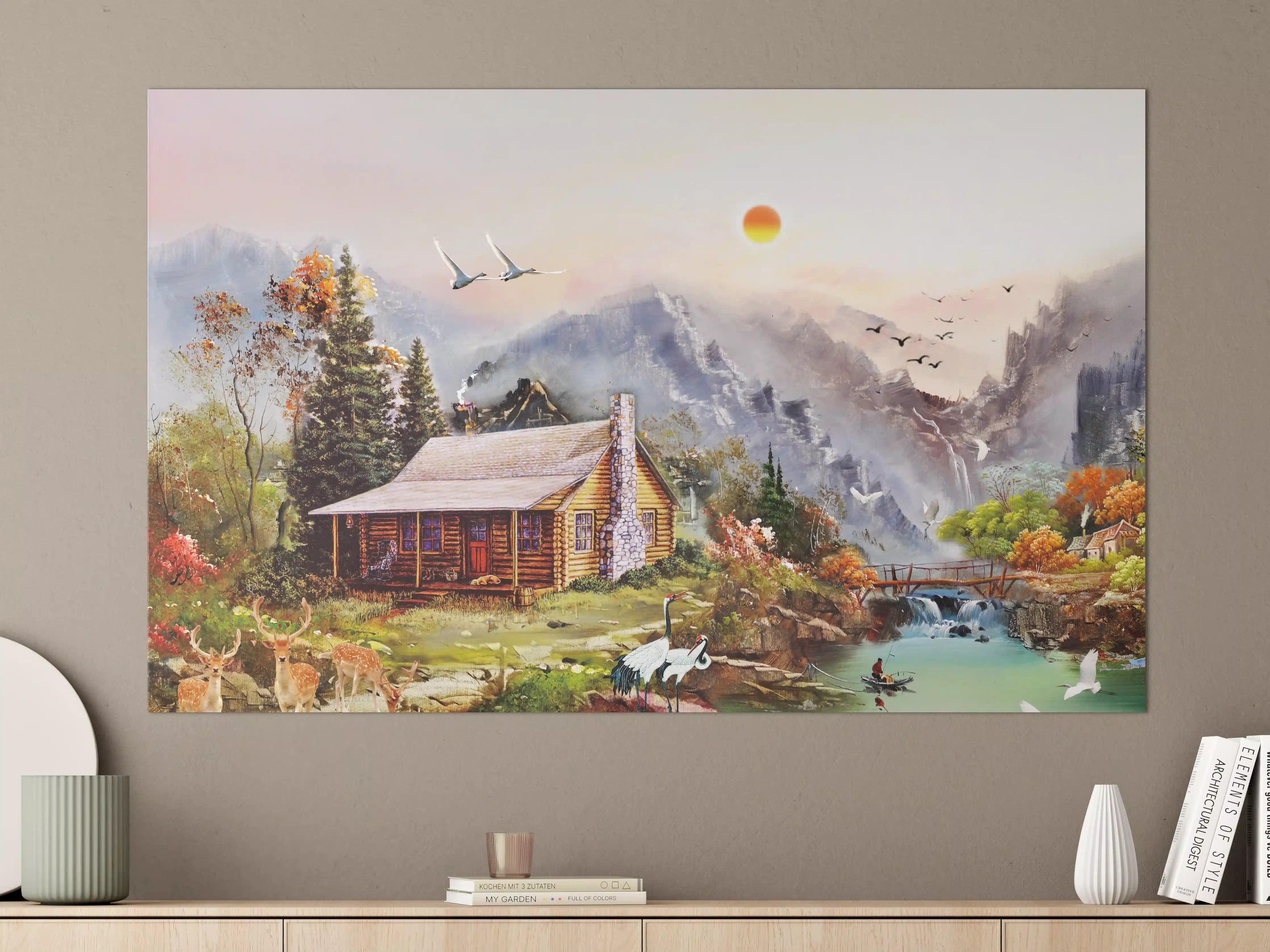 Große Wandbilder - Aussicht auf eine einsame Hütte am Fluss