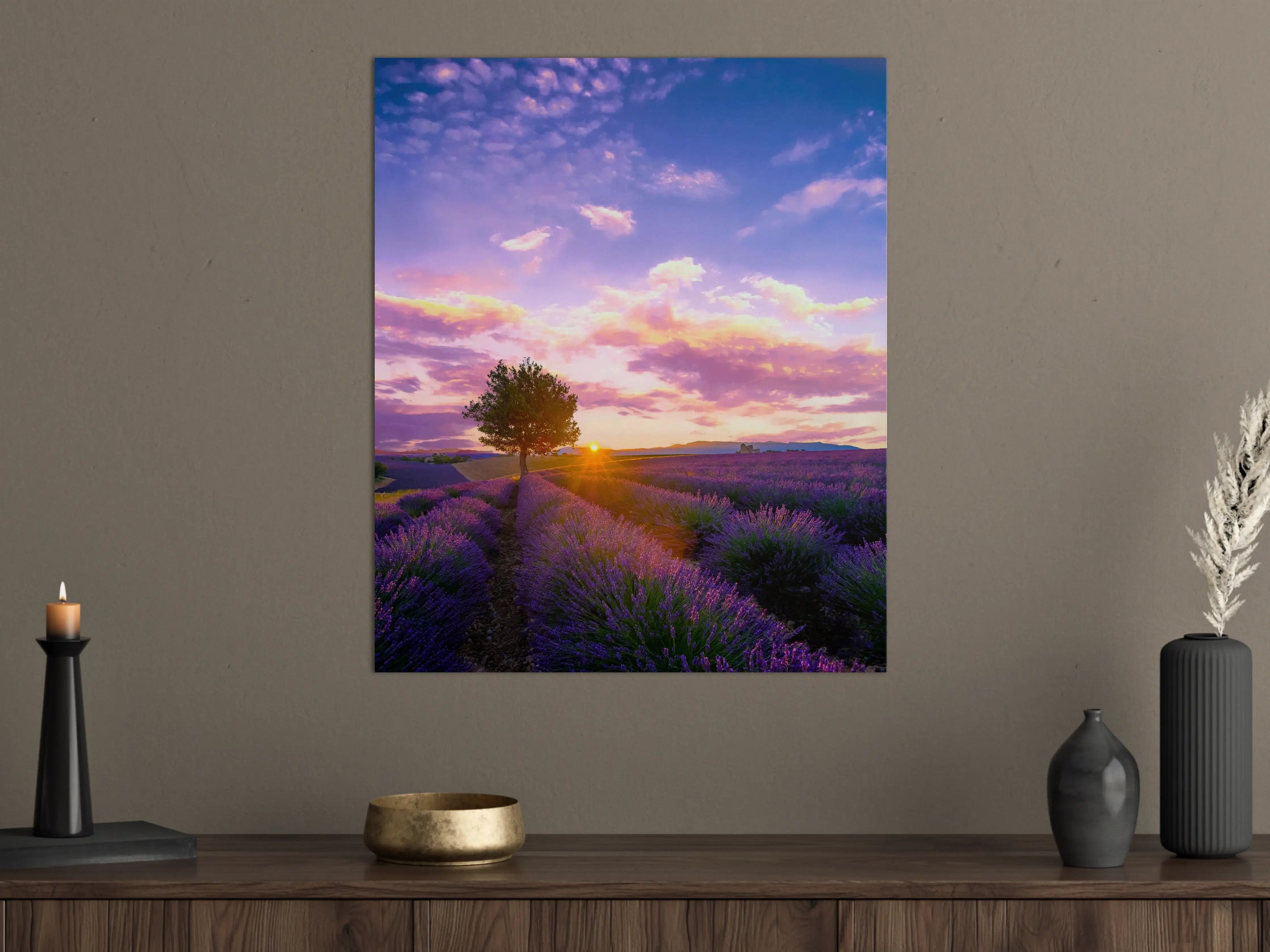 Große Wandbilder - Baum im Lavendelfeld bei Sonnenuntergang in der Provence