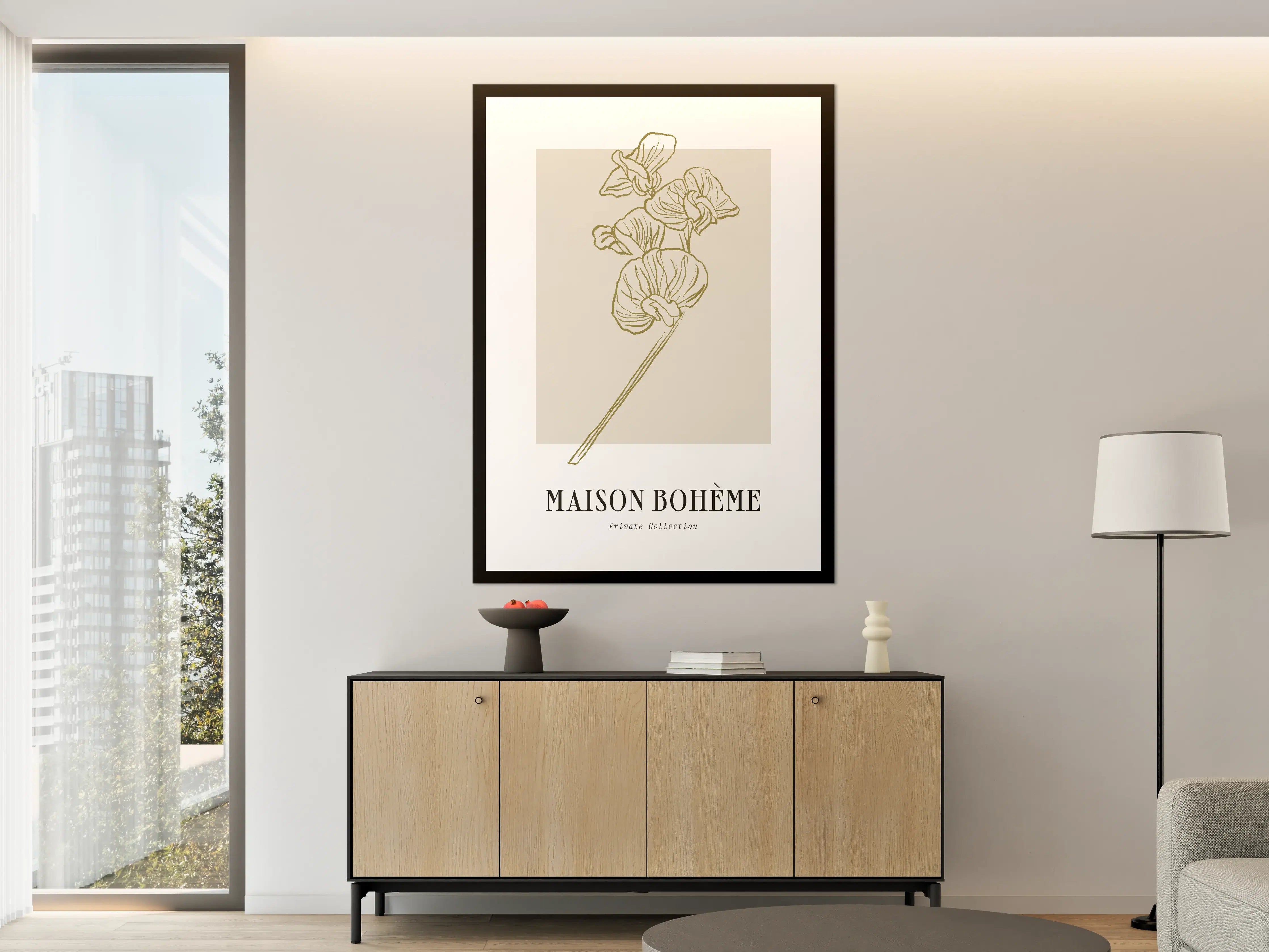 Große Wandbilder - Beige Blumenillustration mit filigranen Linien