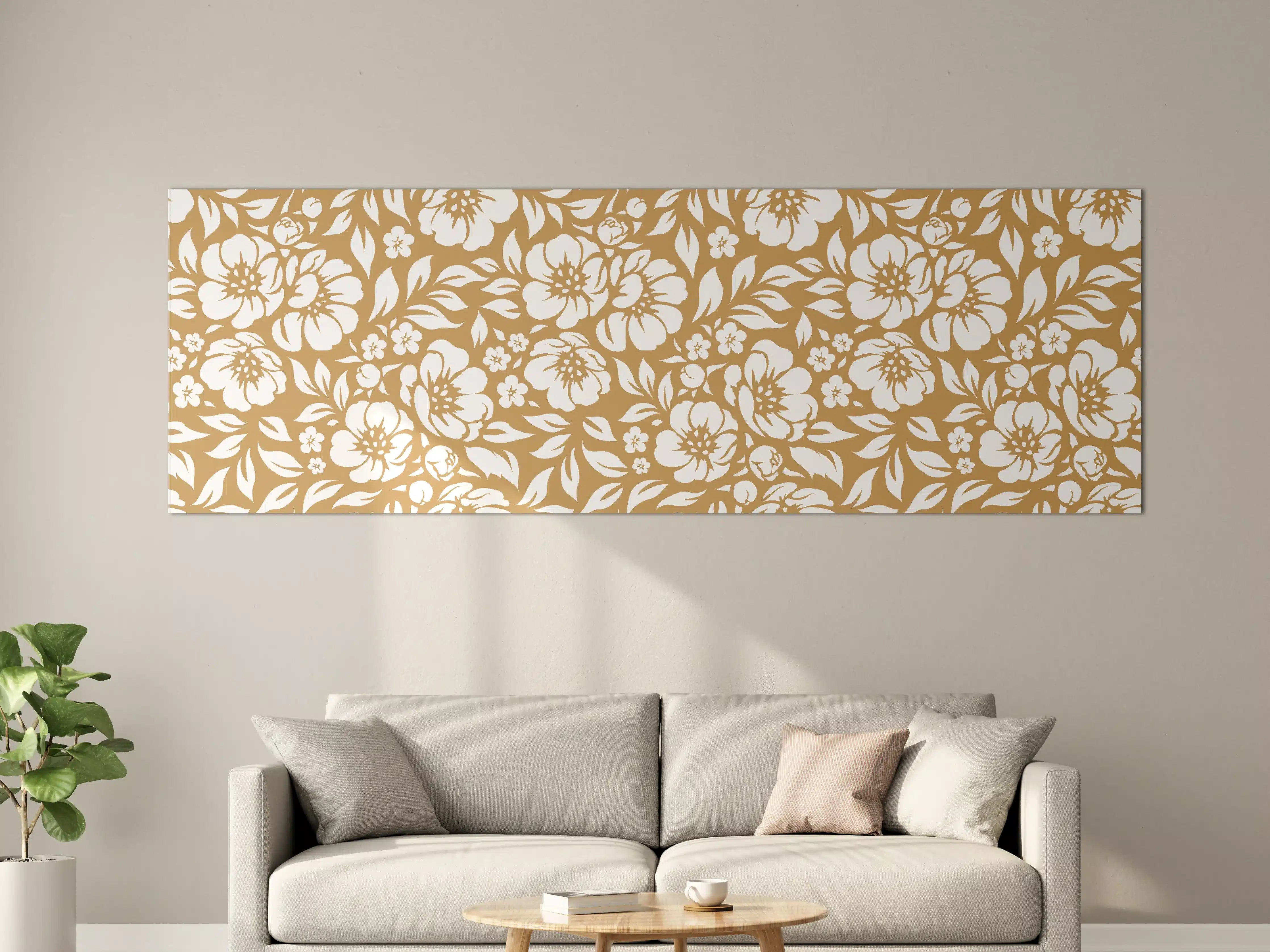 Große Wandbilder - Beige-Blumenmuster mit weißen Blüten
