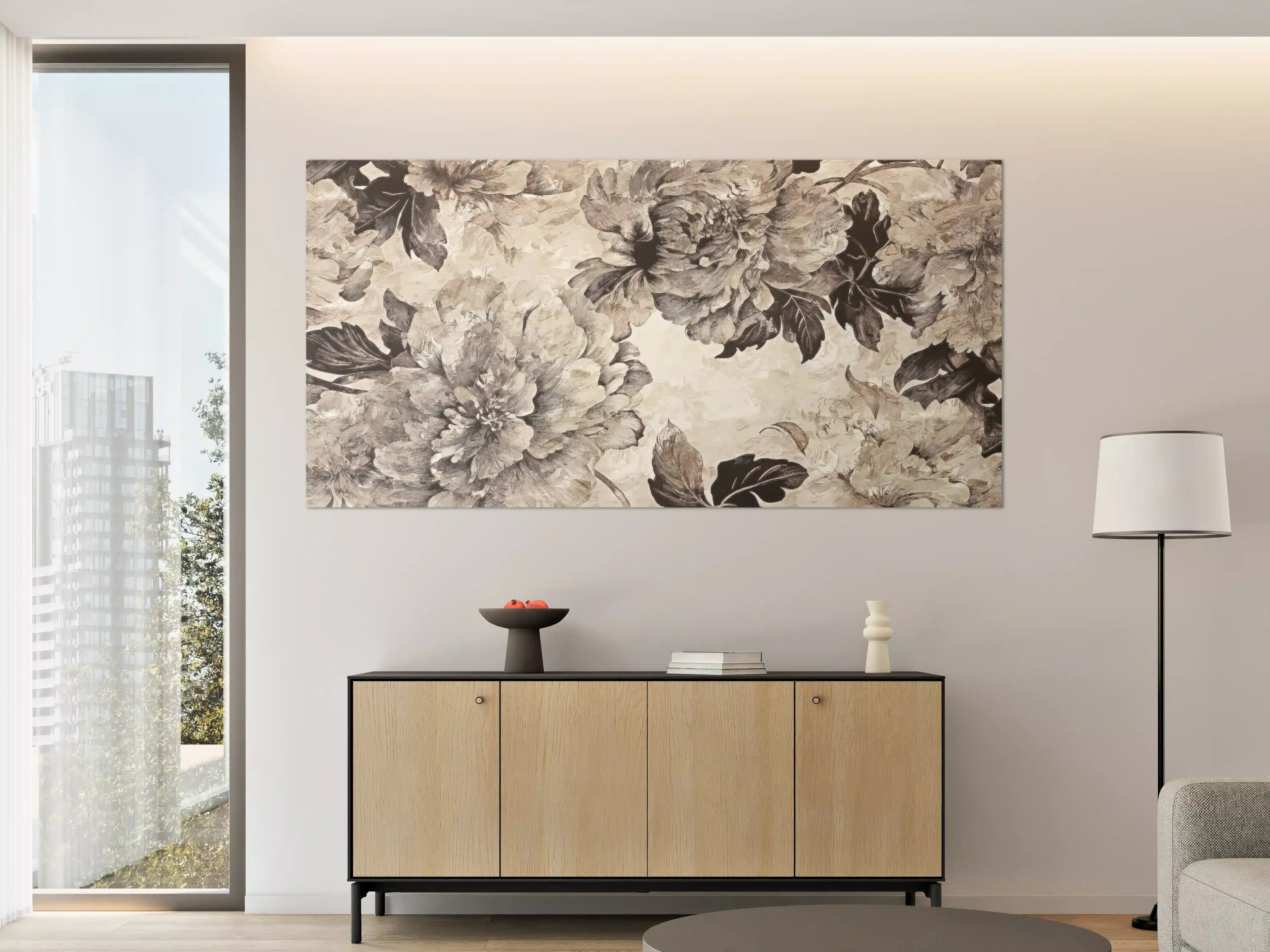 Große Wandbilder - Beige Blumenpanorama Kunstwerk