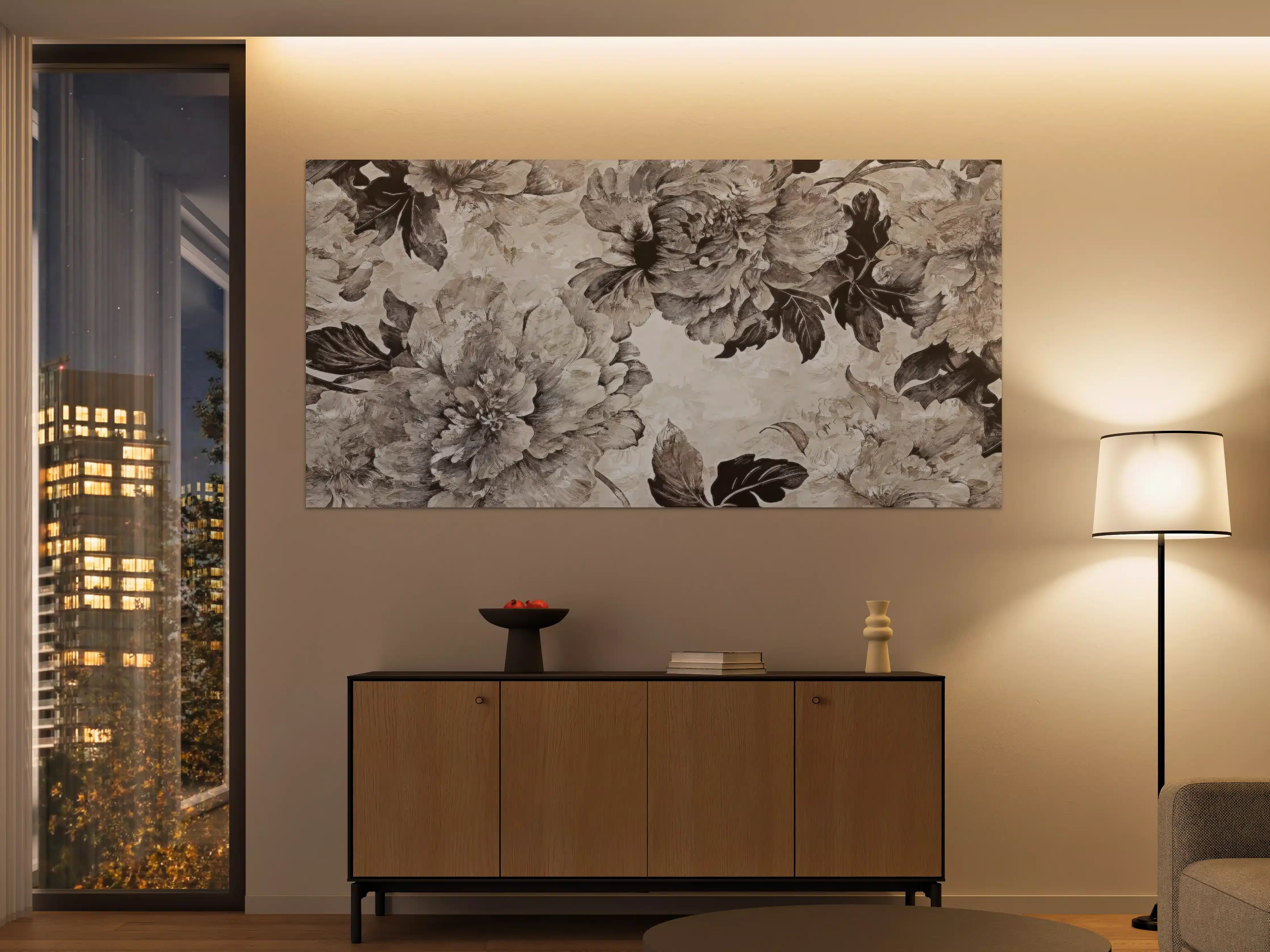 Große Wandbilder - Beige Blumenpanorama Kunstwerk
