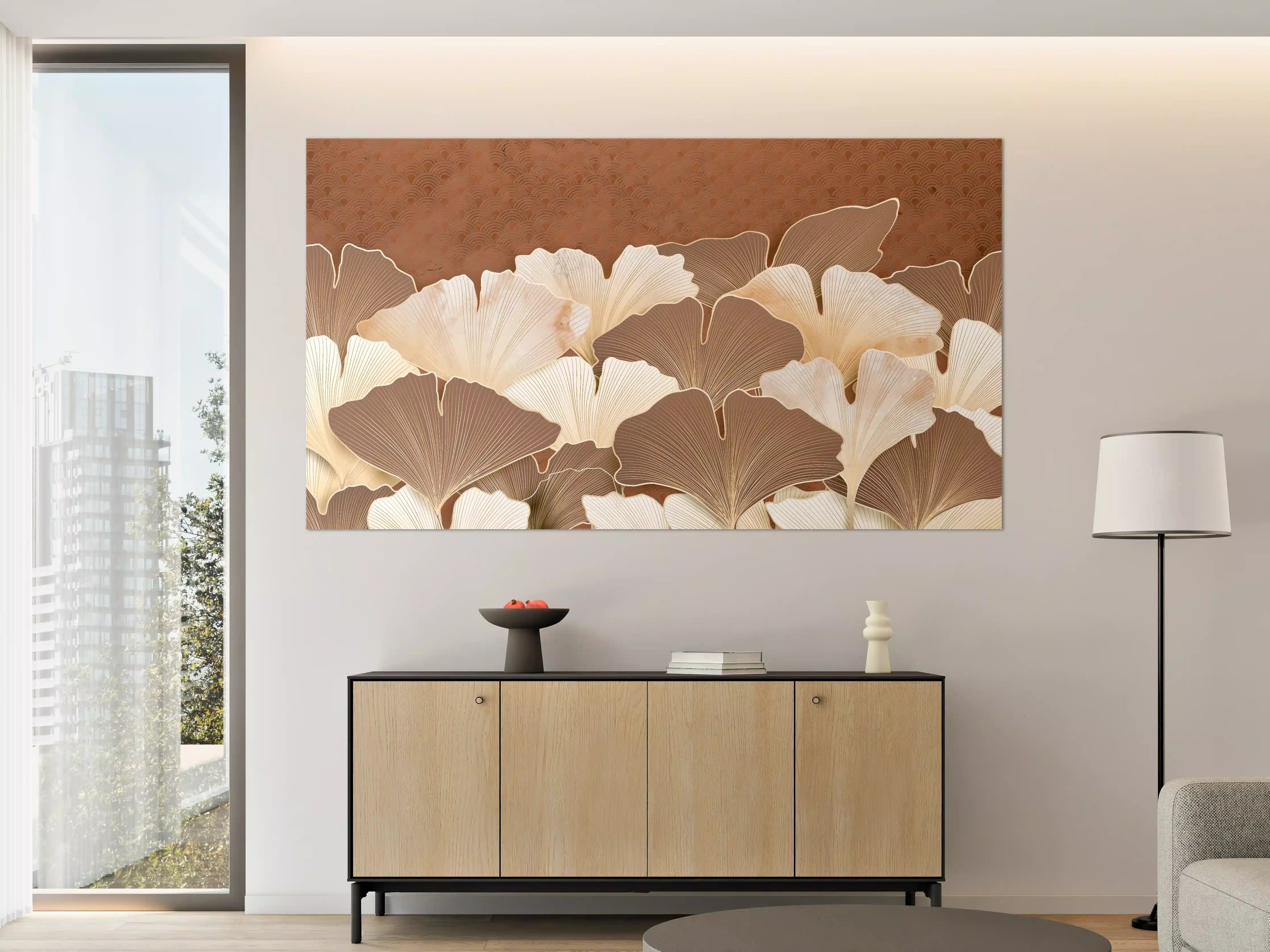 Große Wandbilder - Beige Ginkgo Blattmuster