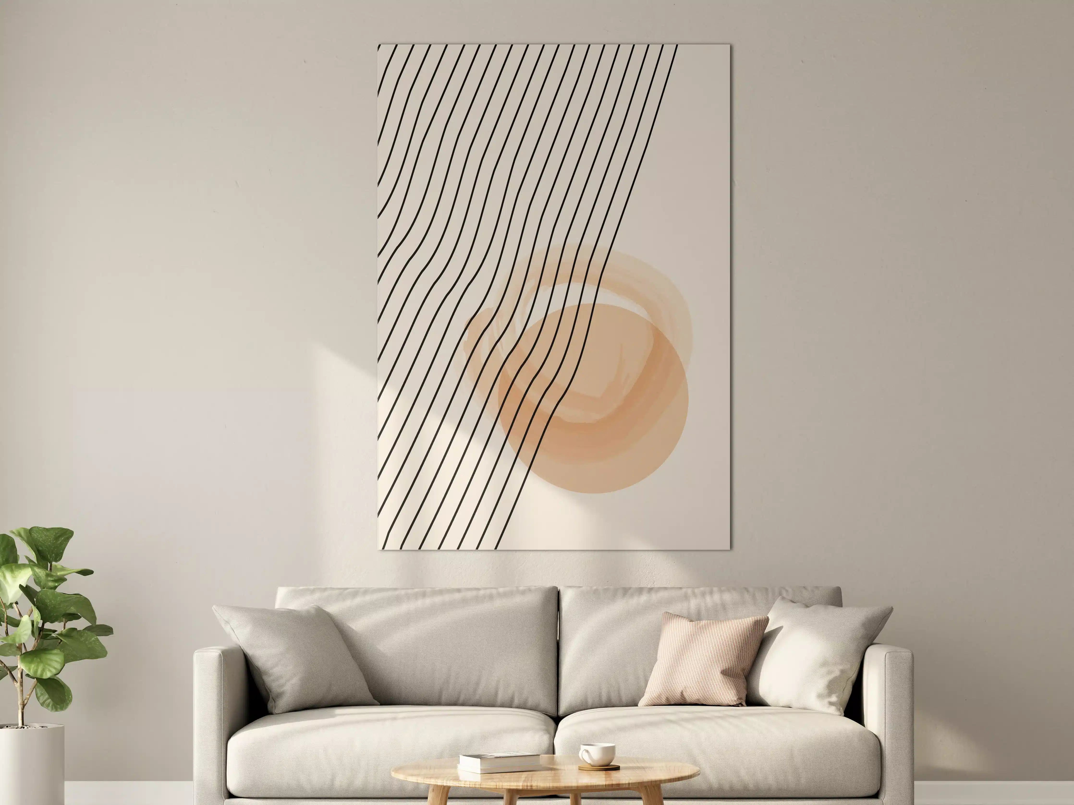 Große Wandbilder - Beige abstraktes Kunstwerk mit Linien und Kreis