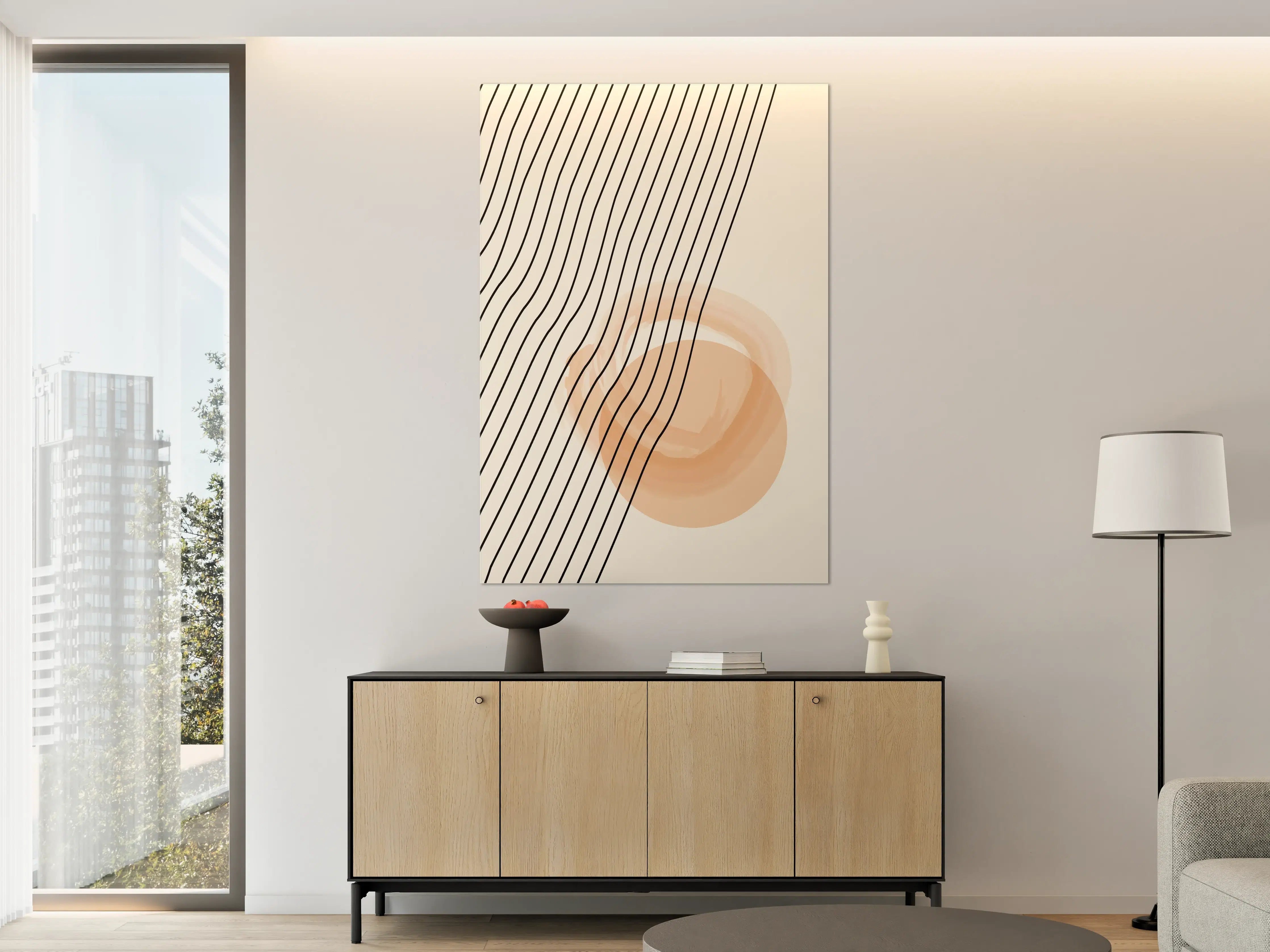 Große Wandbilder - Beige abstraktes Kunstwerk mit Linien und Kreis