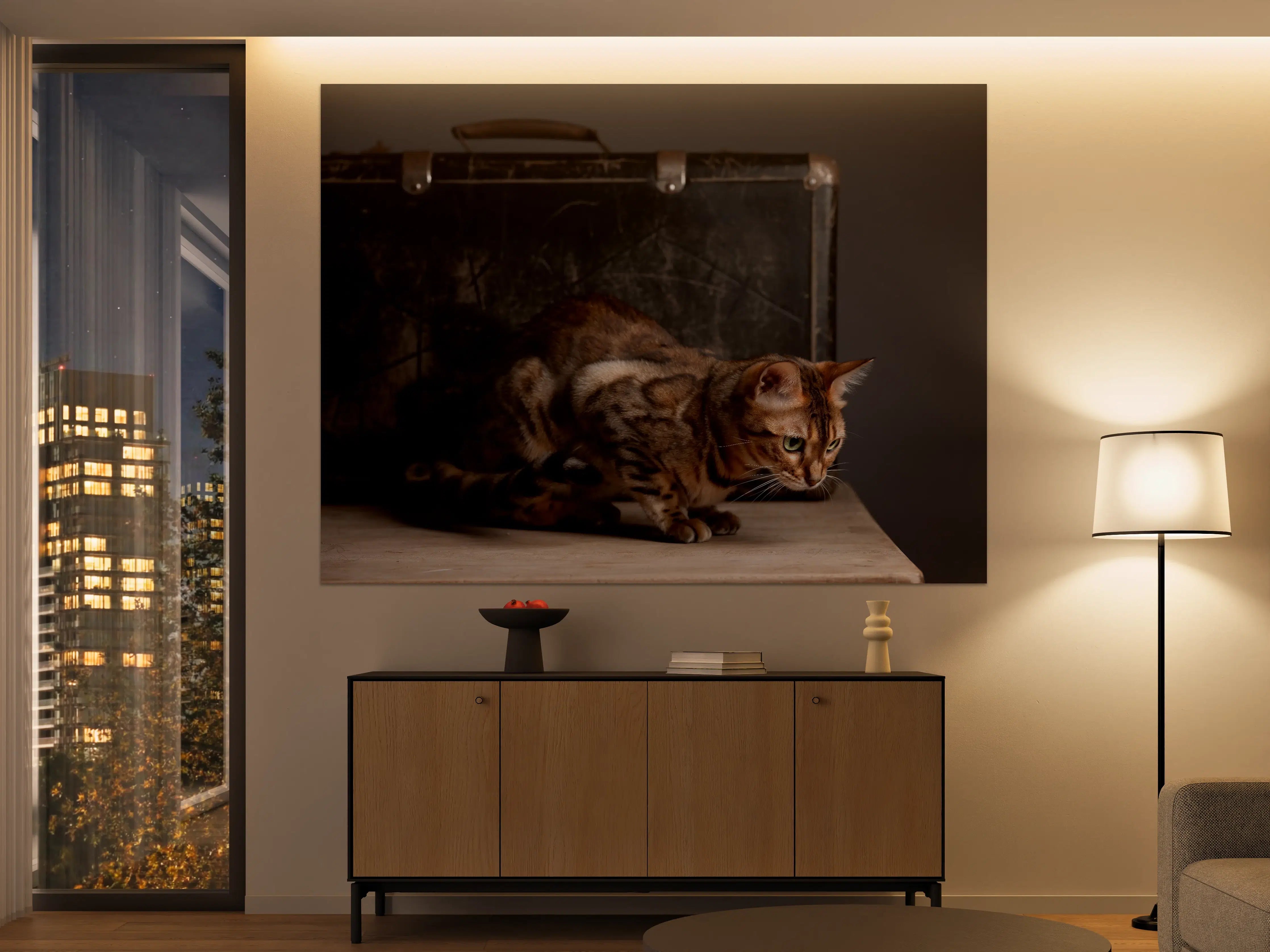 Große Wandbilder - Bengalkatze auf Holztisch